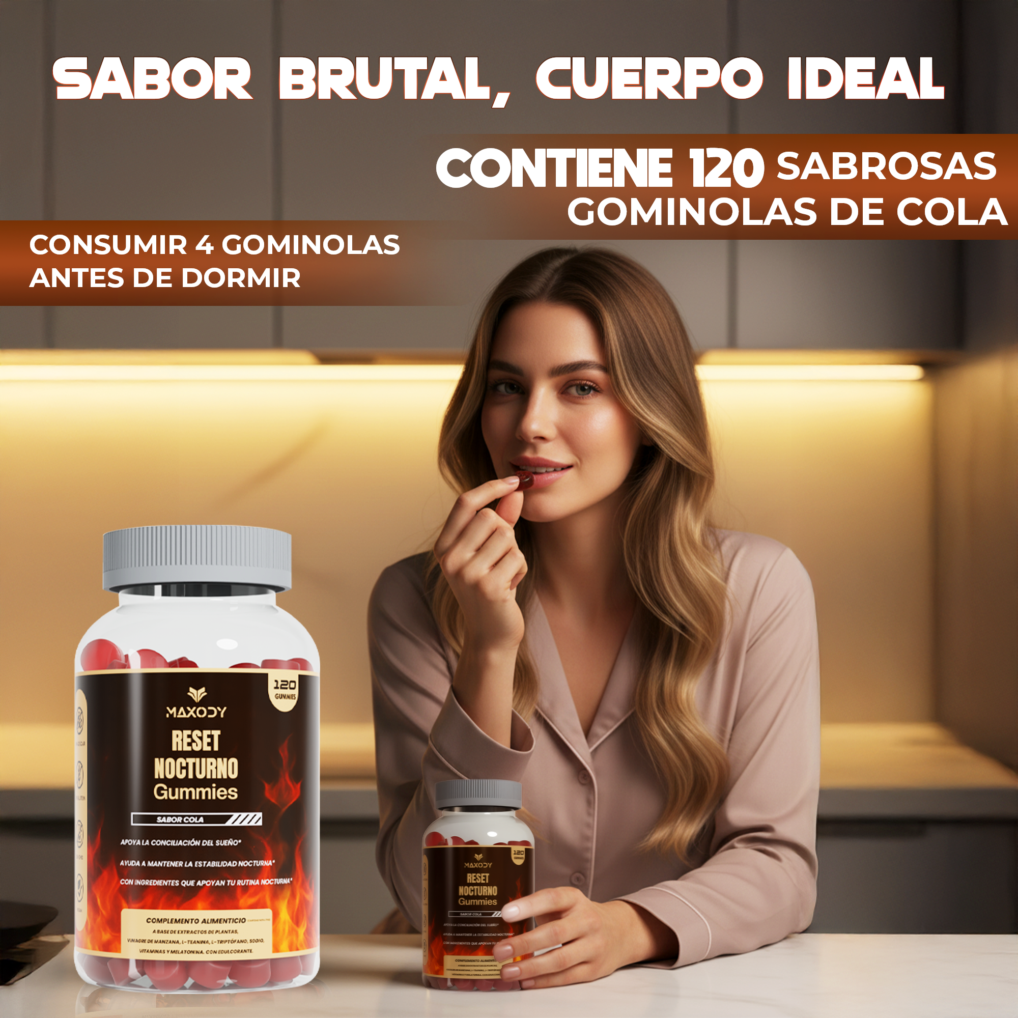 Mujer en pijama toma una gominola de cola junto a una botella de Maxody Reset Nocturno Gummies.