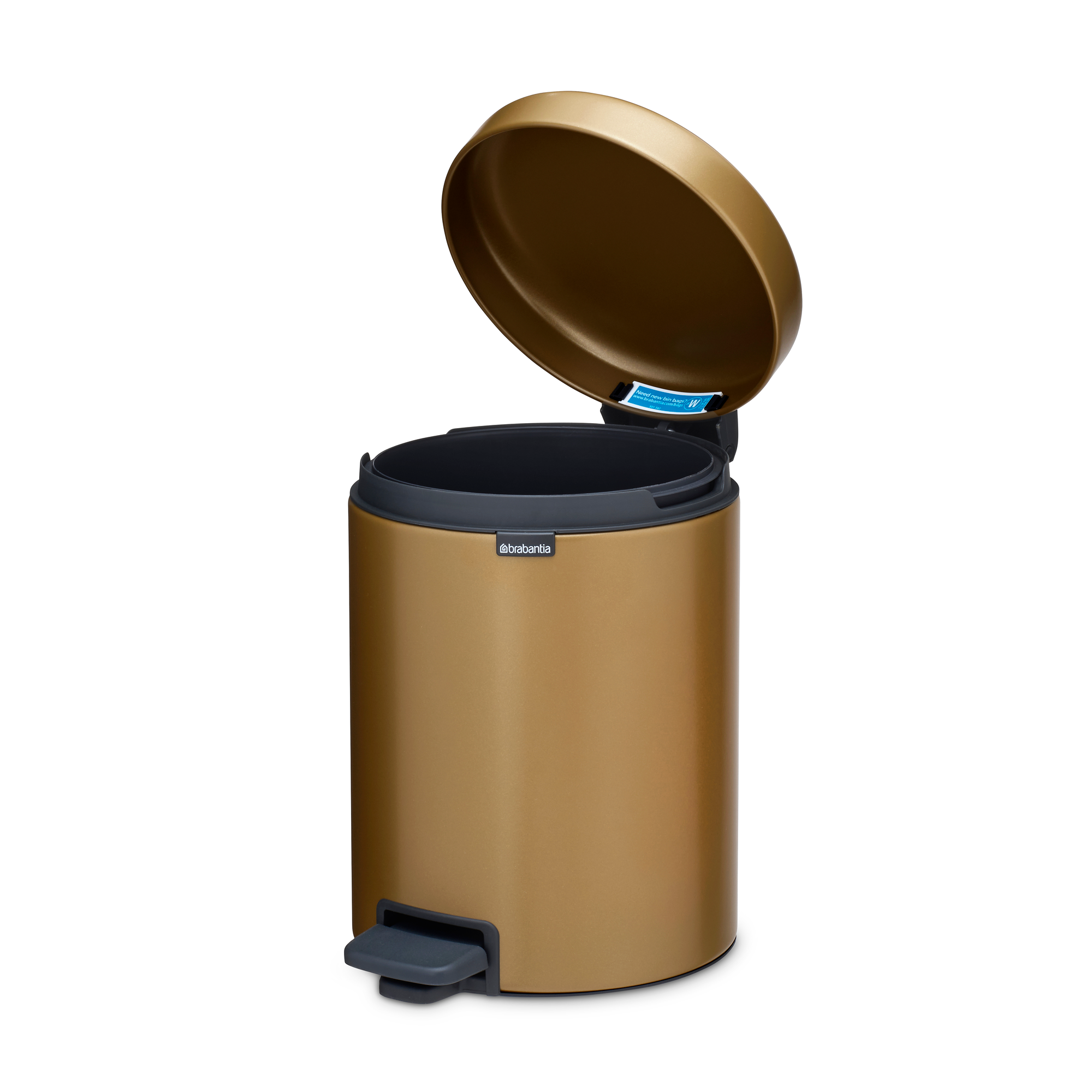 Een gouden prullenbak met een open deksel en een zilveren pedaal.