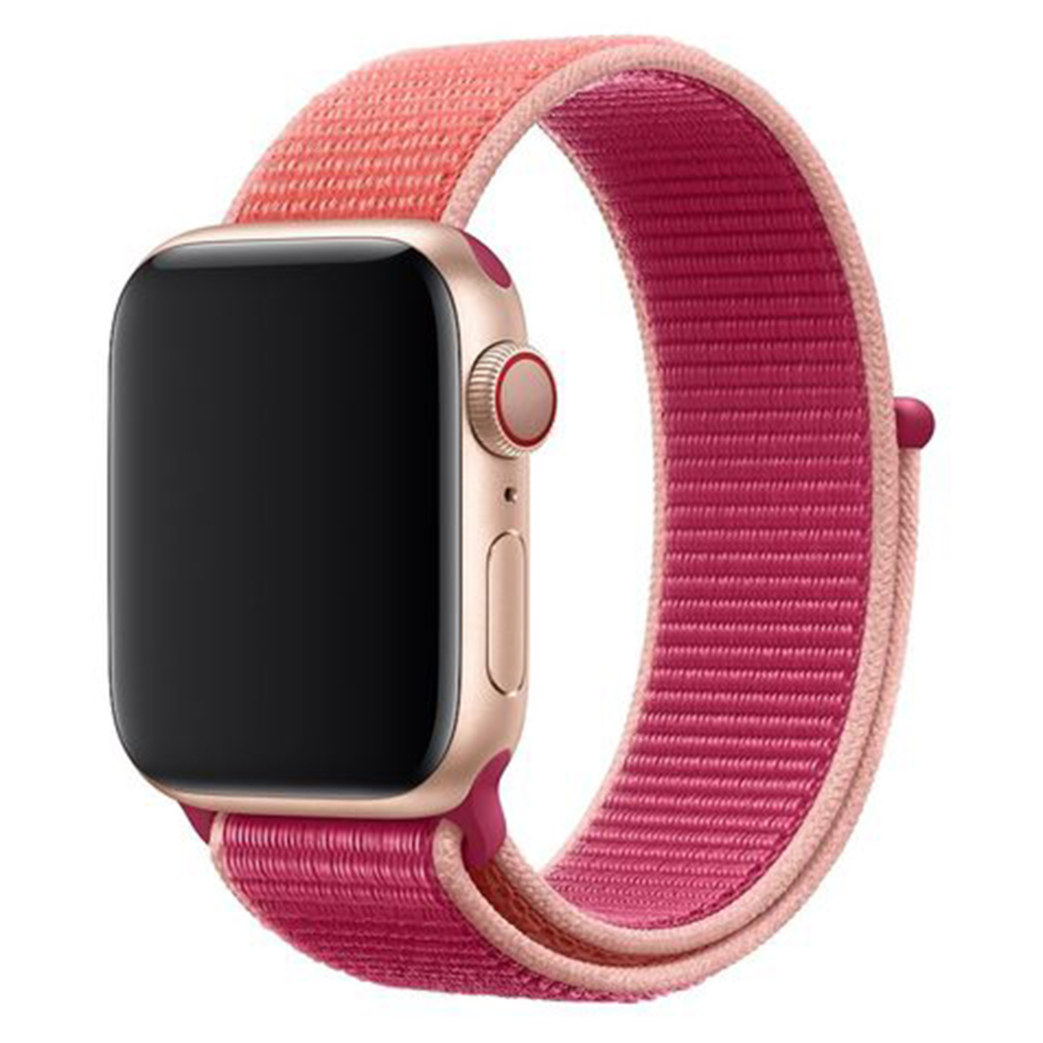 Goldene Smartwatch mit rosa und pinkfarbenem Stoffarmband.