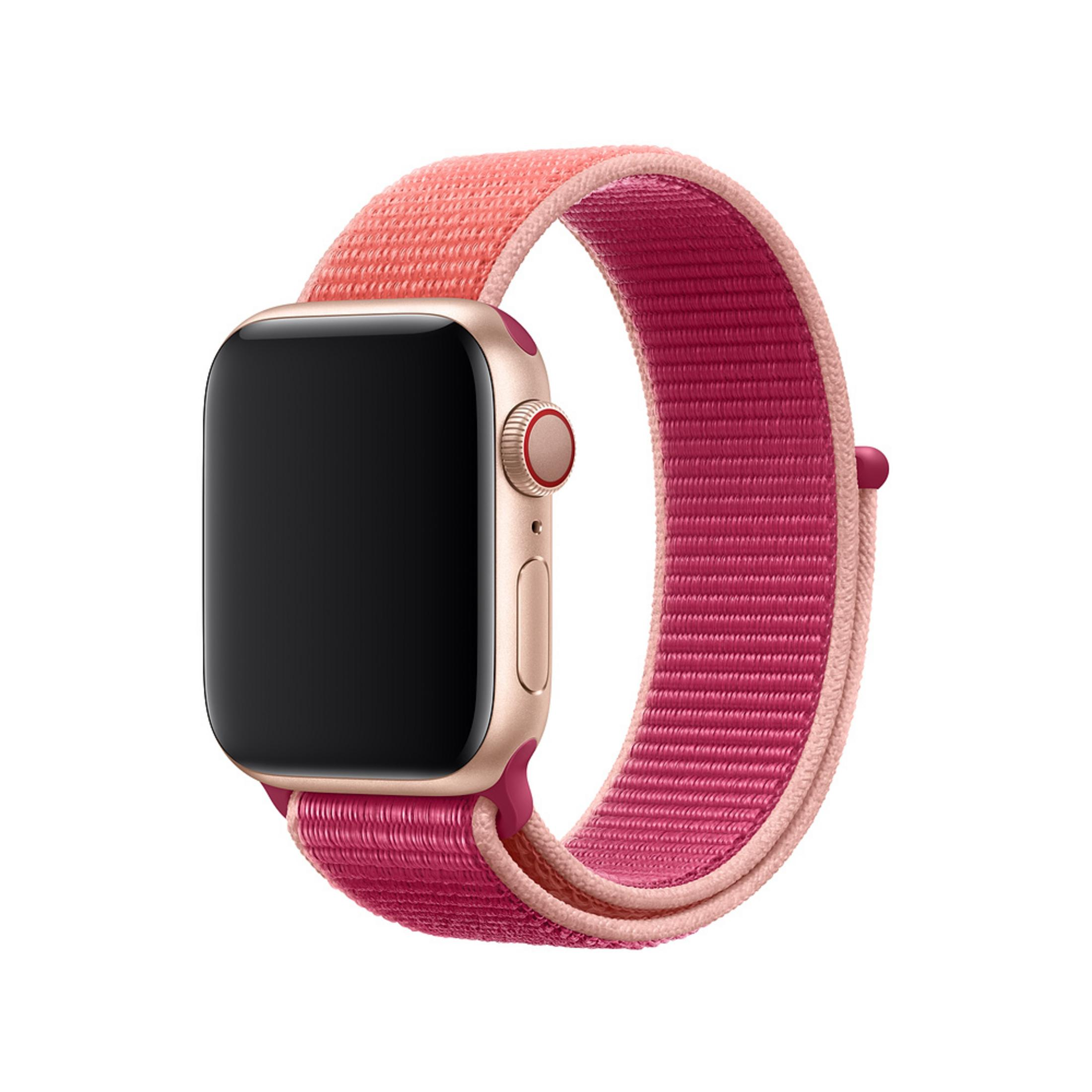 Eine goldene Smartwatch mit einem zweifarbigen Armband aus rosafarbenem und pinkfarbenem Stoff.