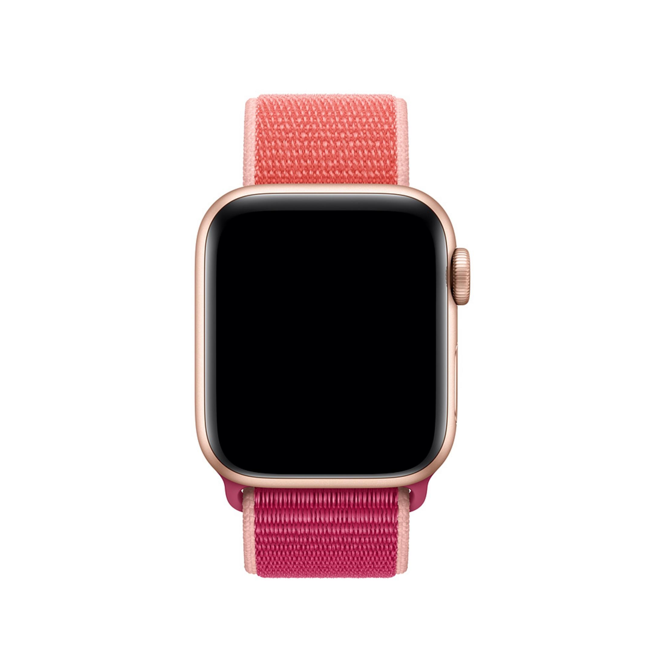 Eine goldene Smartwatch mit pink-korallefarbenem Textilarmband, frontal gezeigt.