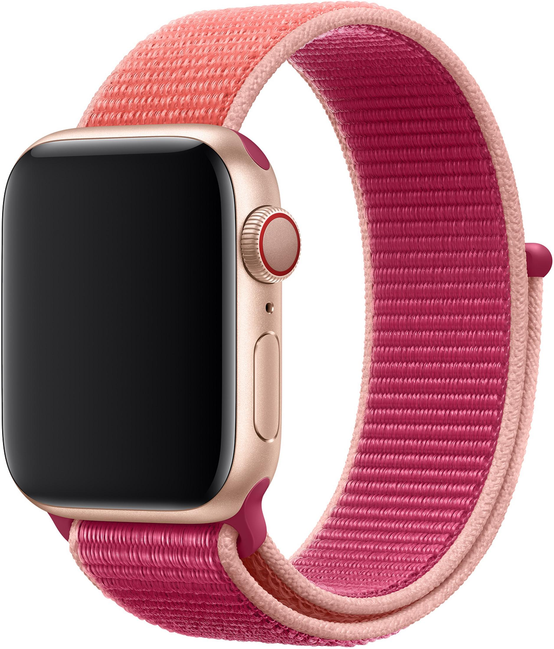 Eine goldene Smartwatch mit einem rosafarbenen und korallenfarbenen Gewebearmband.