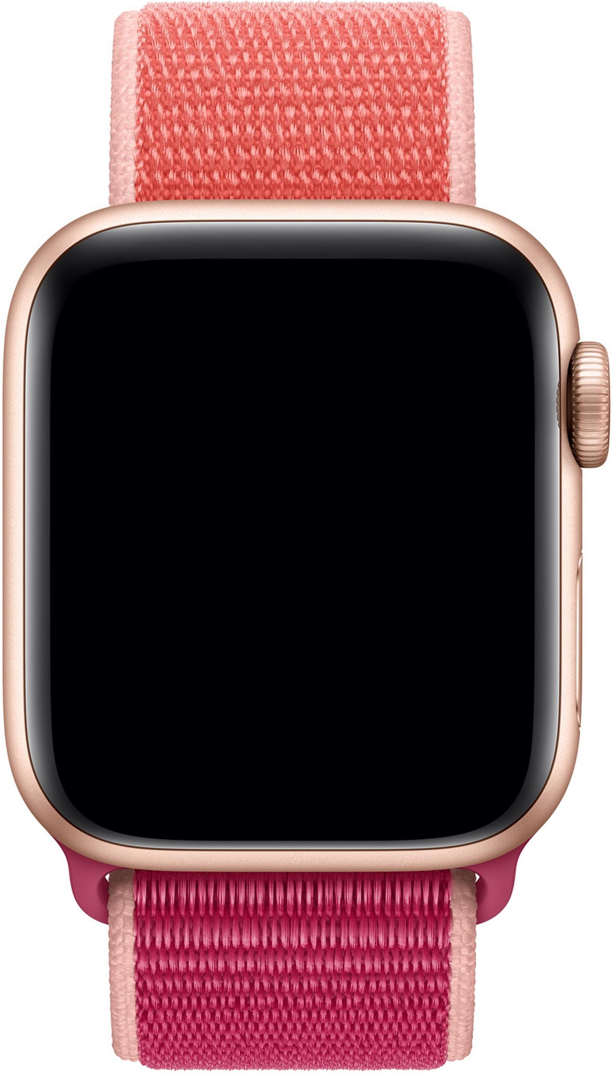Eine goldene Smartwatch mit einem schwarzen Bildschirm und einem rosa Stoffarmband.