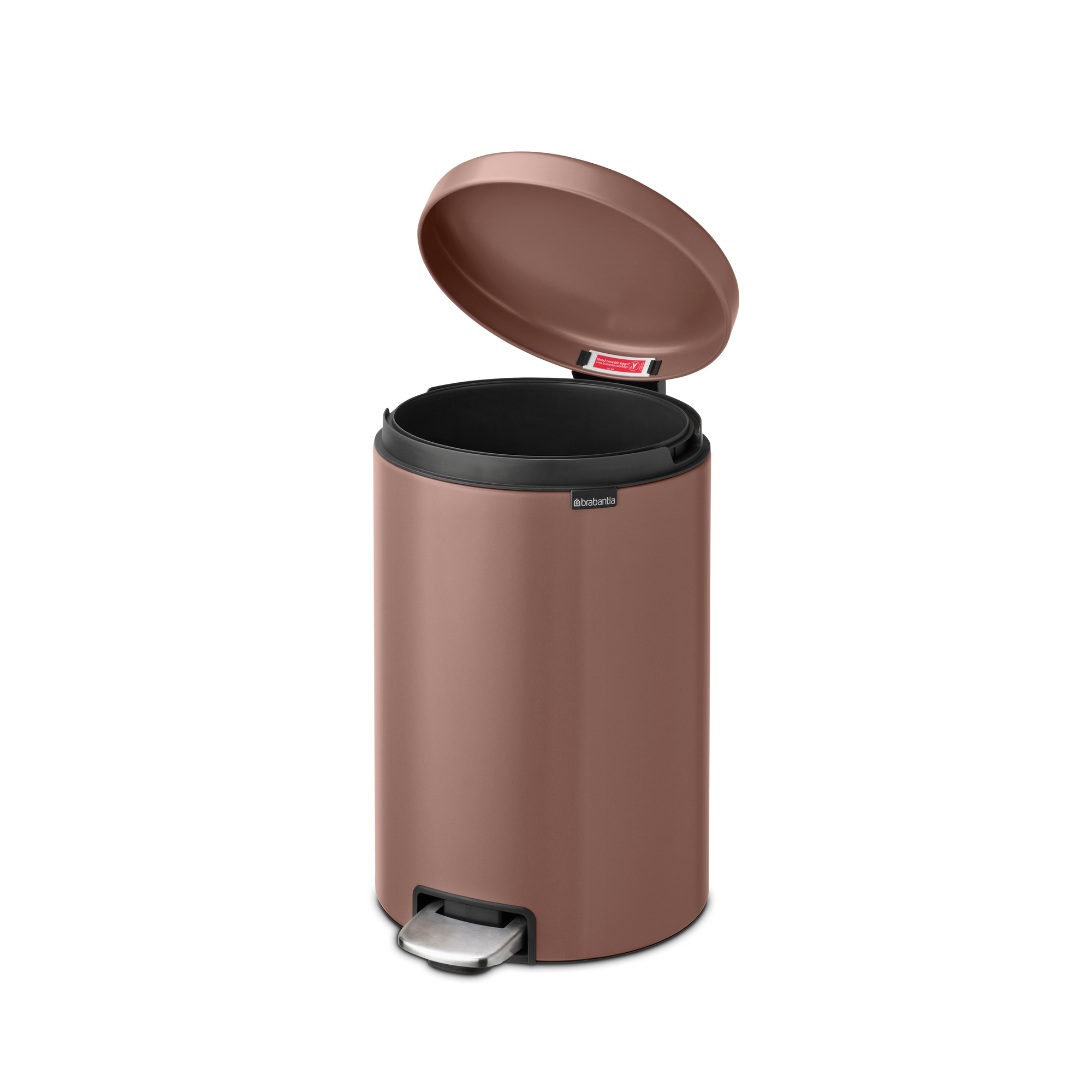 Een ronde, roségouden prullenbak met een open deksel en een zilveren voetpedaal.