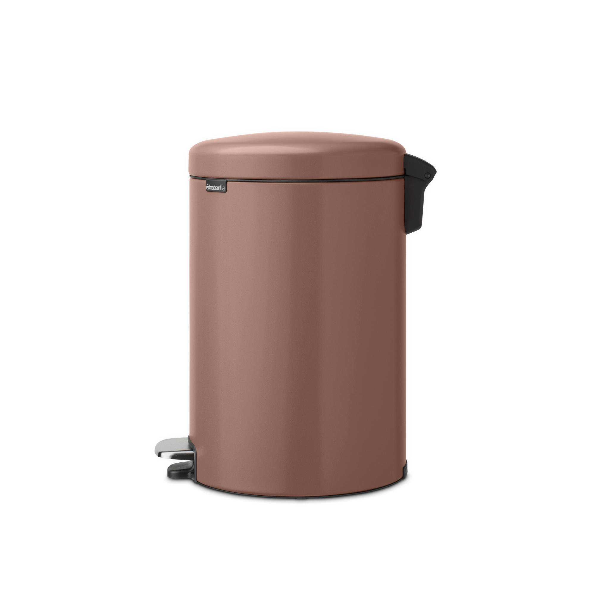Een roségoudkleurige metalen pedaalemmer met zwart deksel en handvat.