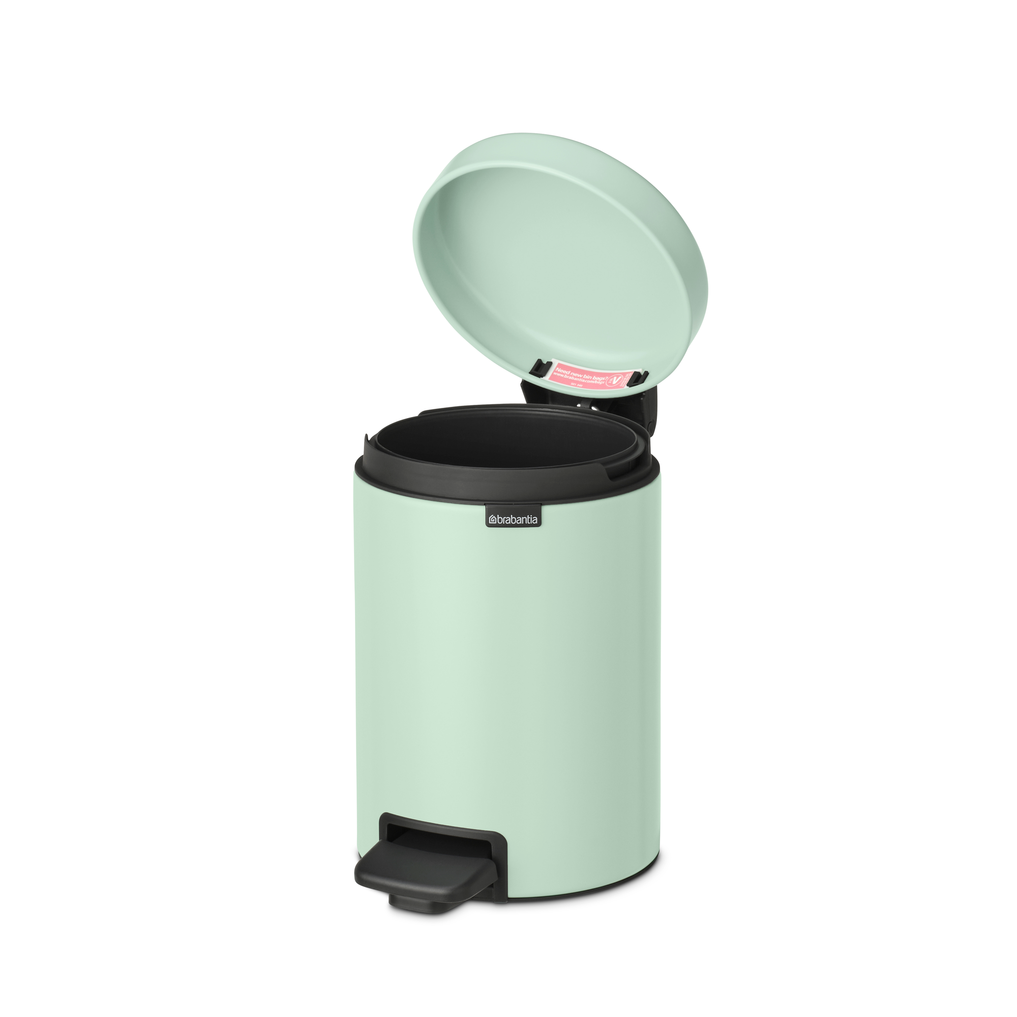 Un cubo de basura verde claro con la tapa abierta y un interior negro.