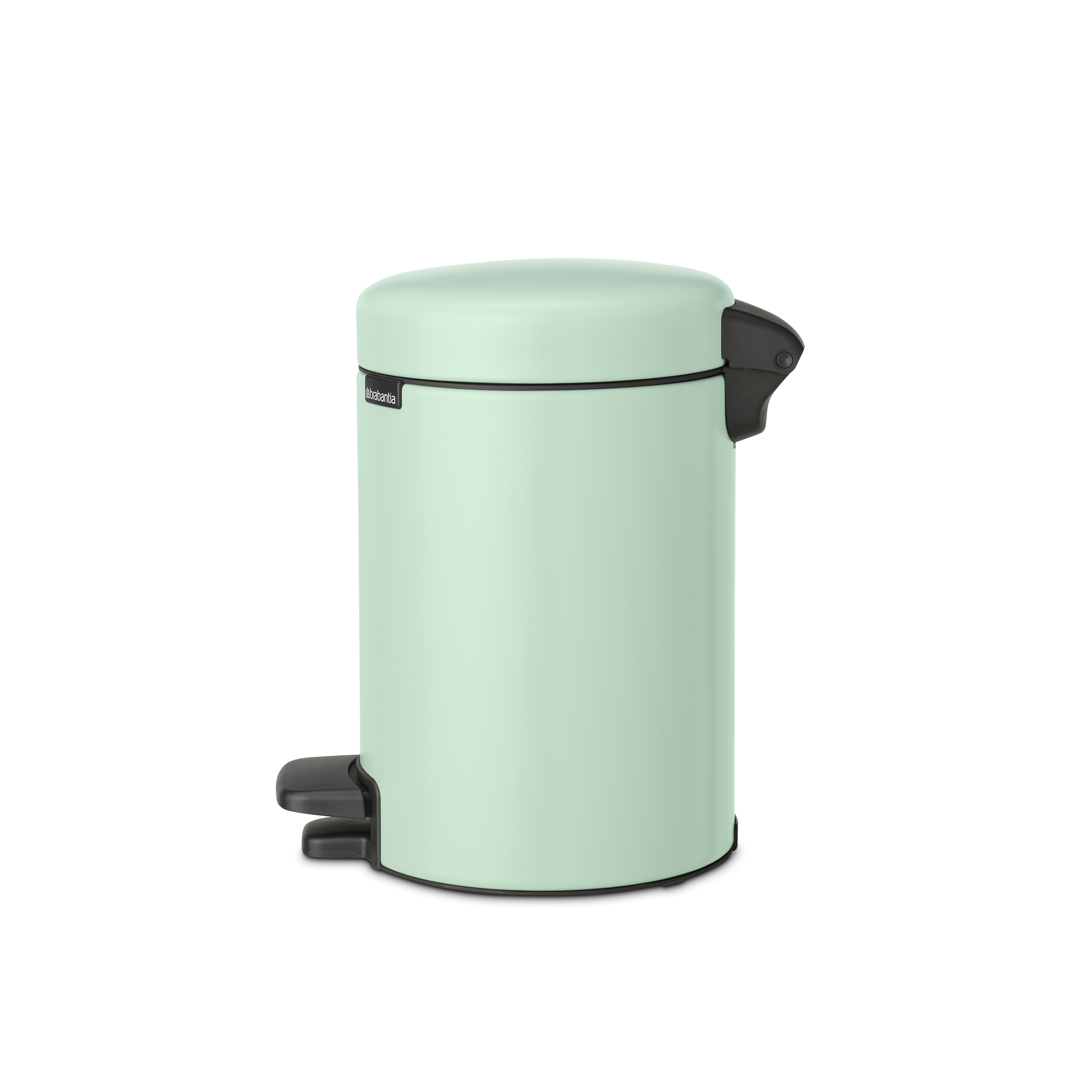 Un cubo de basura de pedal verde claro con tapa y pedal negros.