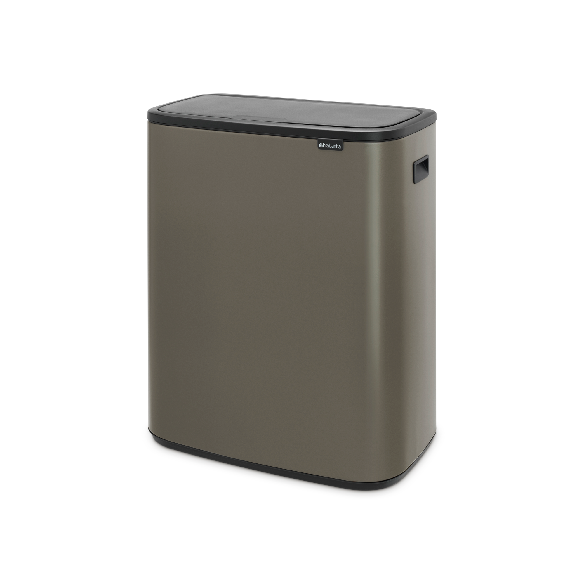Een grijze Brabantia prullenbak met zwart deksel en handvat.
