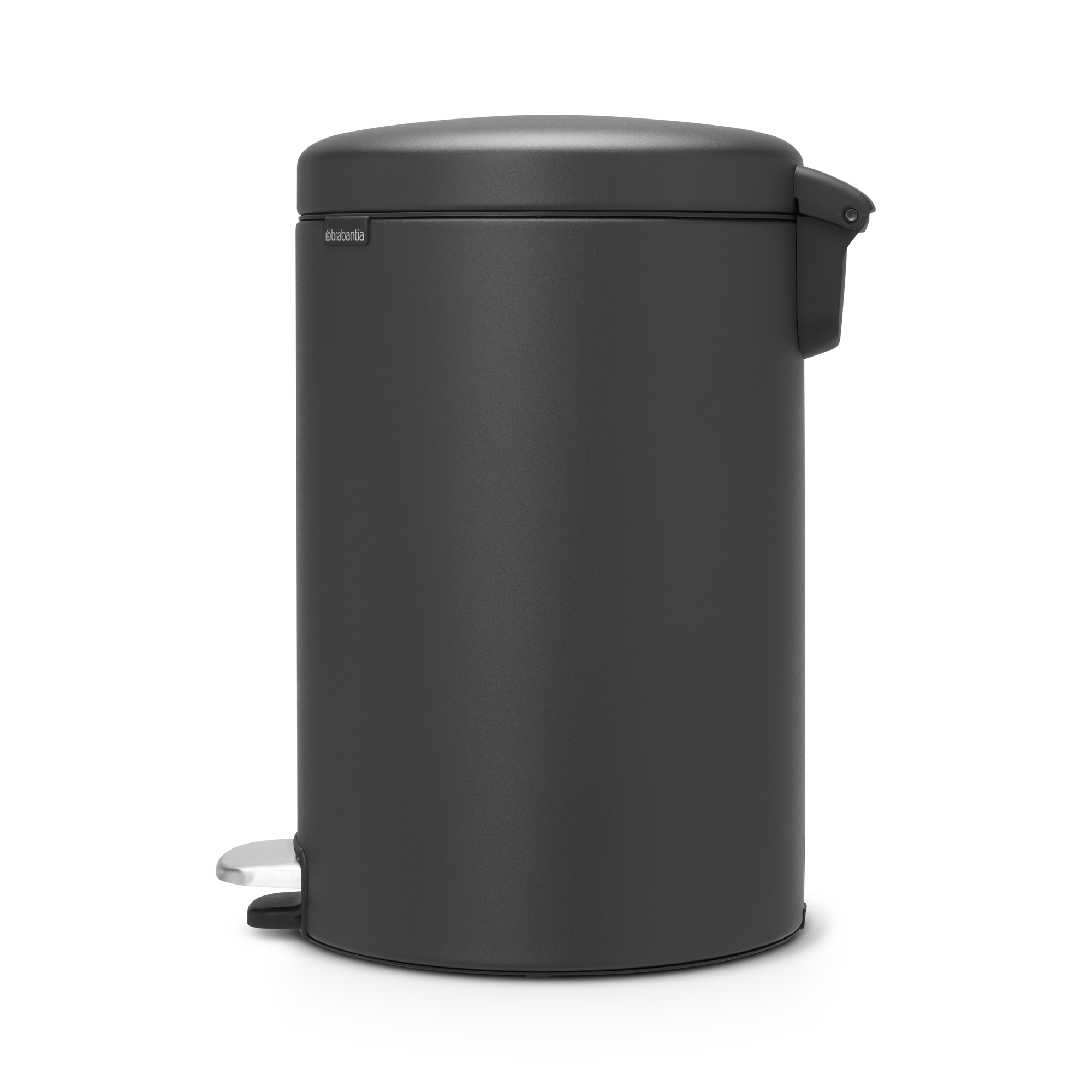 Donkergrijs afvalbak met zilverkleurig pedaal en Brabantia logo.