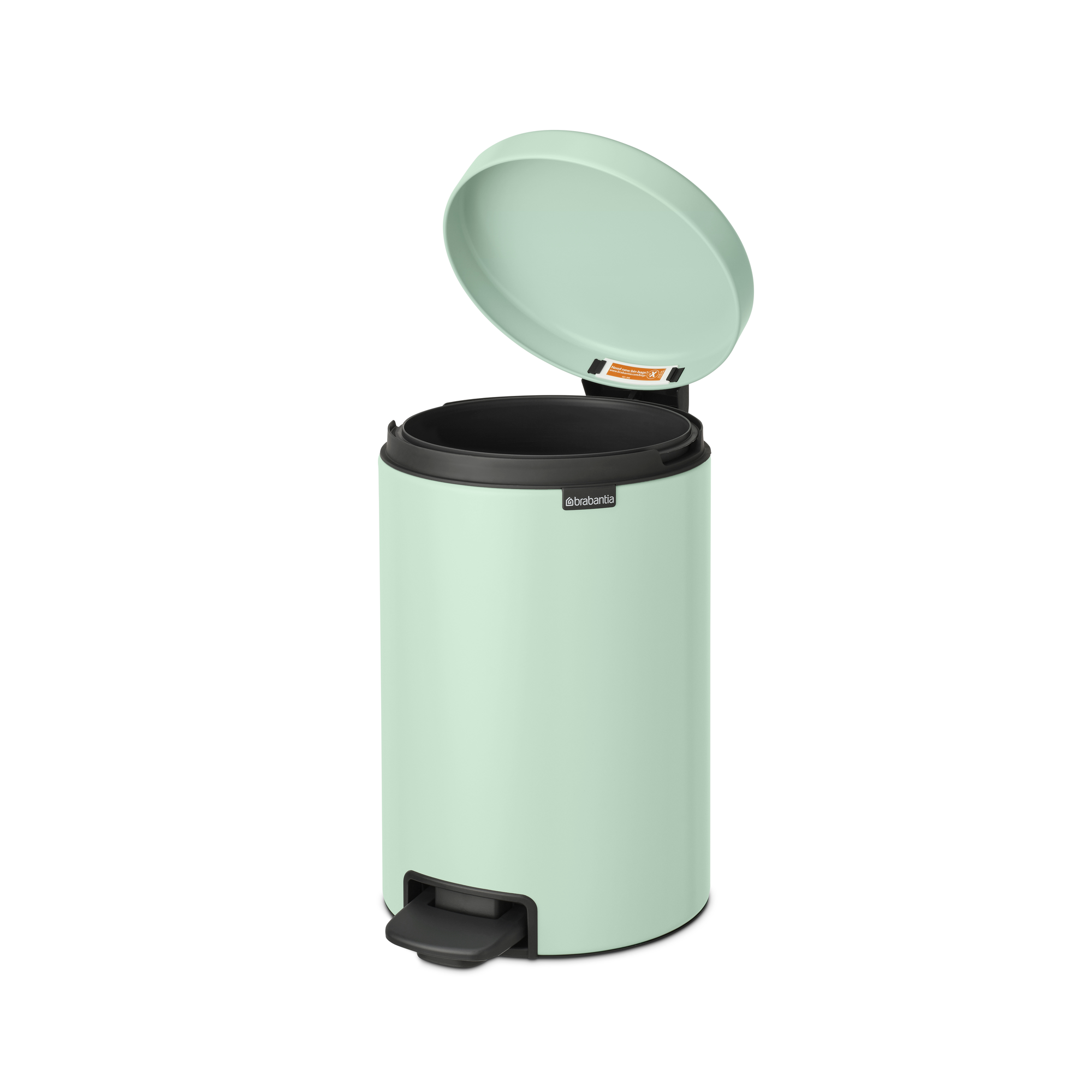 Un cubo de basura con pedal verde claro, tapa abierta e interior negro.