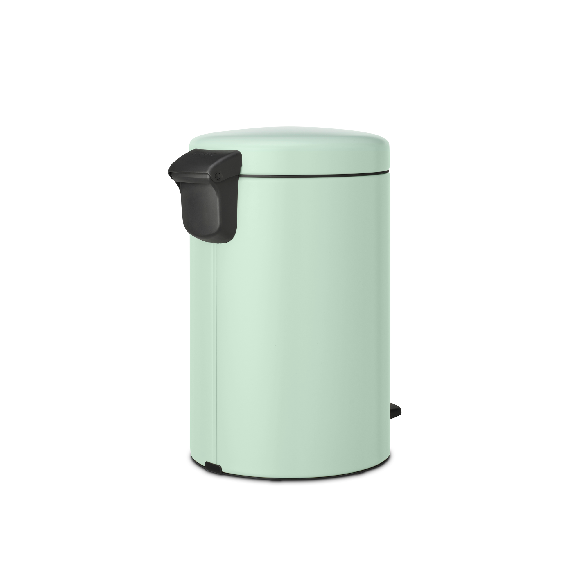 Un cubo de basura verde claro con pedal y asa negros.