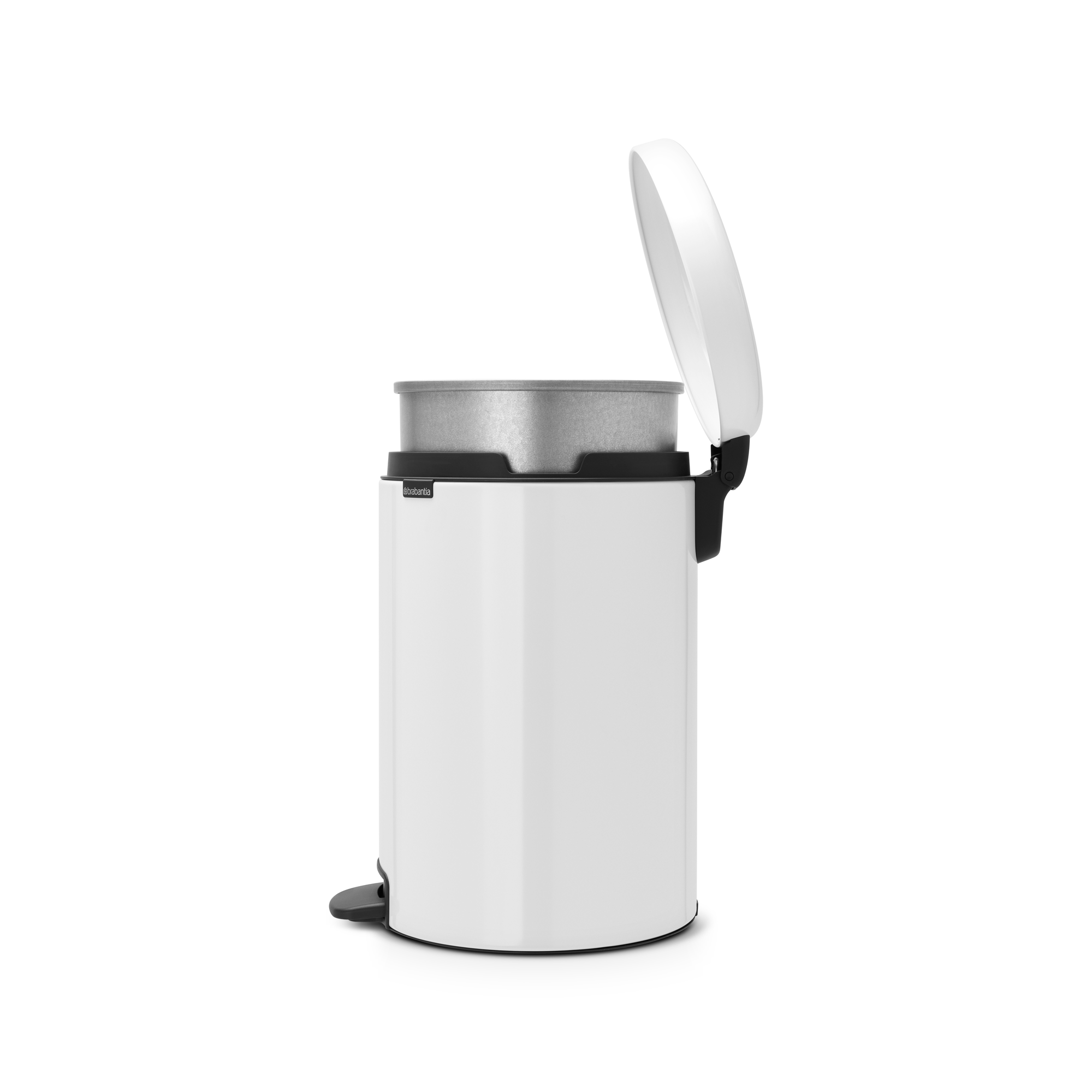 Een witte prullenbak met een open deksel en een metalen binnenbak.