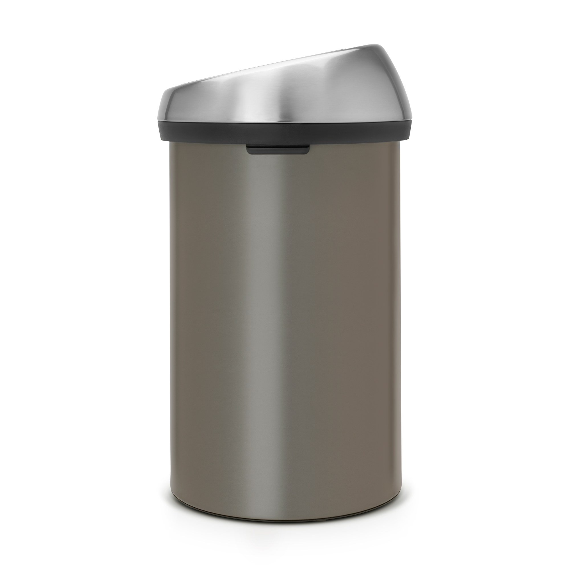 Een grijze metalen prullenbak met een zilverkleurig klapdeksel.