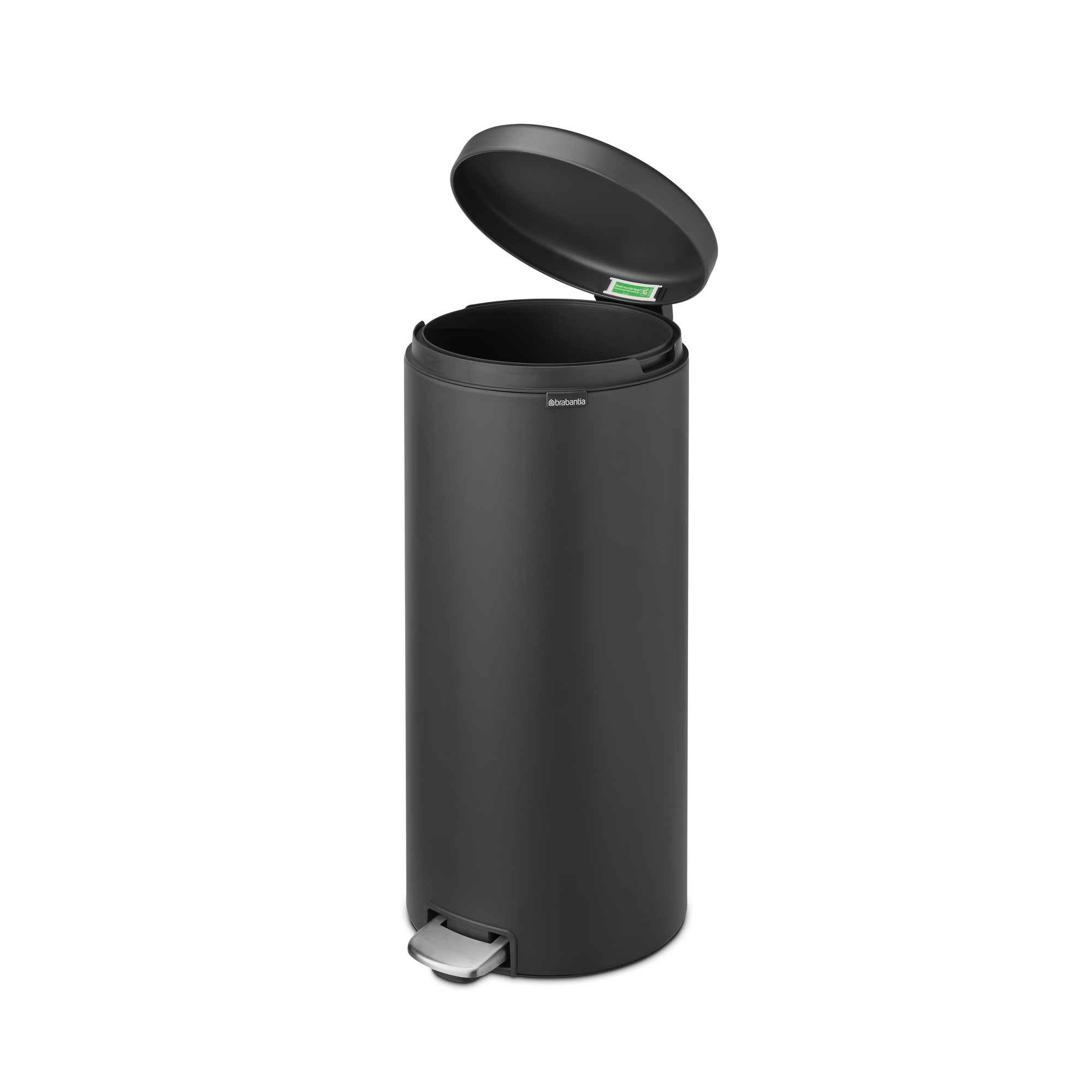 Un cubo de basura negro con la tapa abierta y pedal plateado.