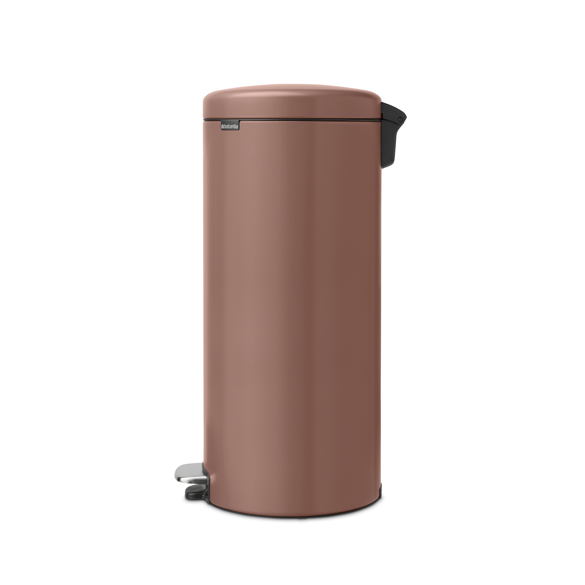Een bronzen trappenprullenbak met een zwart deksel en handvat.