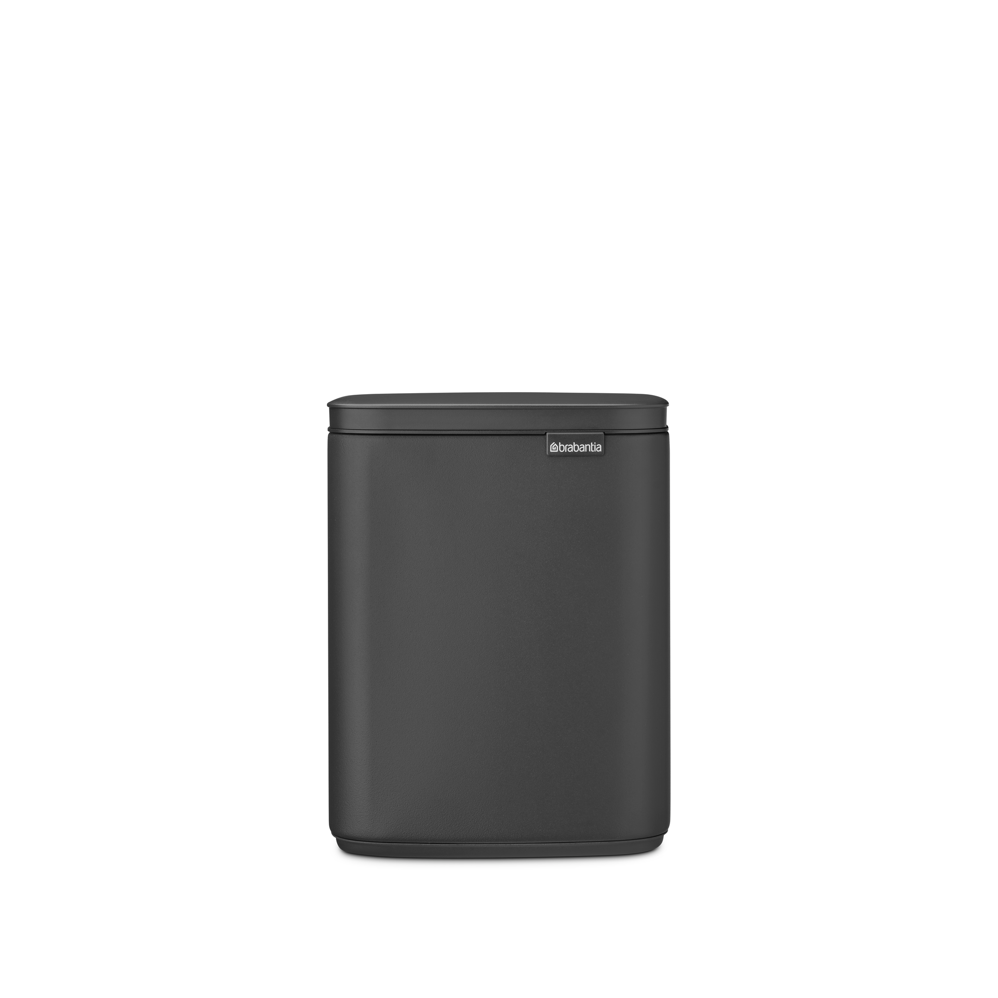 Een donkergrijze, rechthoekige prullenbak met een plat deksel en het Brabantia-logo.
