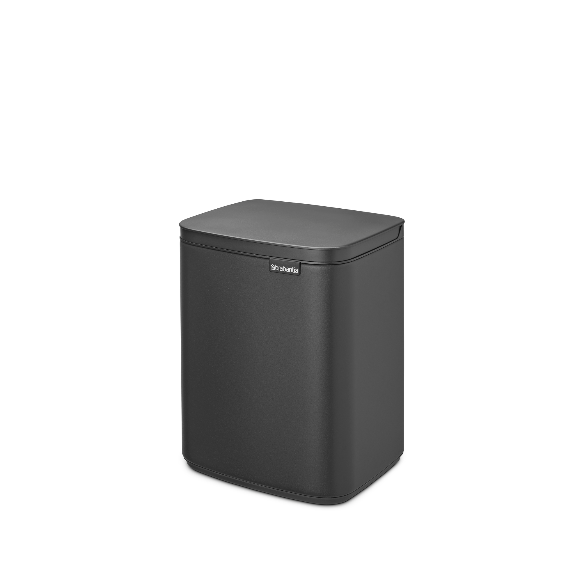 Een rechthoekige, donkergrijze Brabantia prullenbak met deksel.
