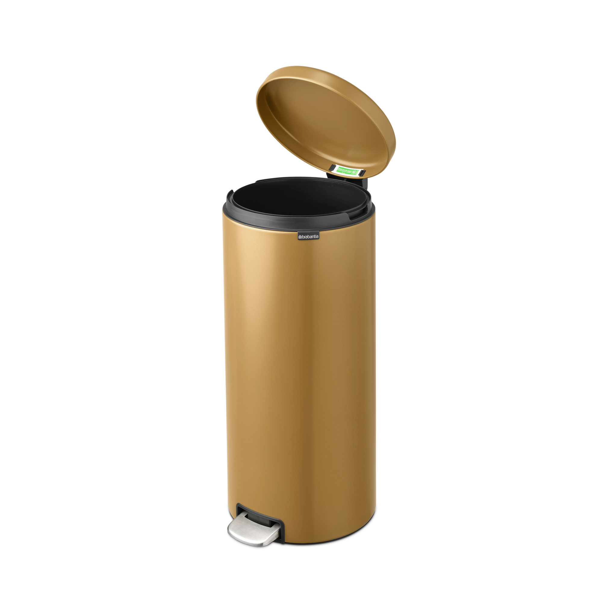 Een gouden pedaalemmer met deksel open en zilveren pedaal.