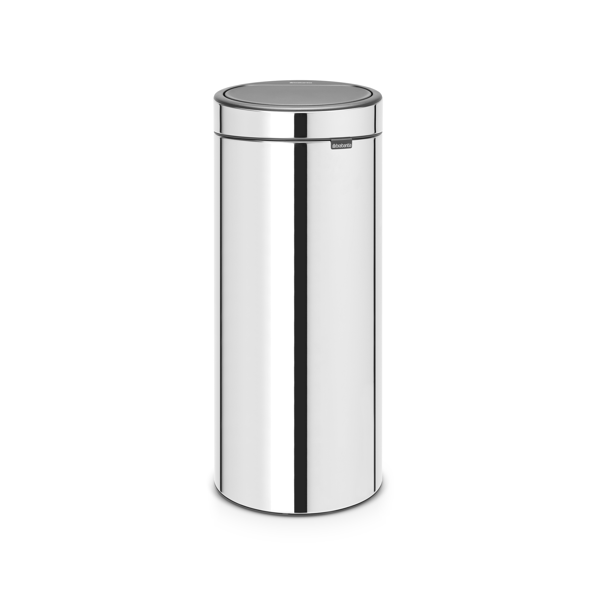 Een slanke, cilindrische metalen prullenbak met een grijs deksel en Brabantia logo.
