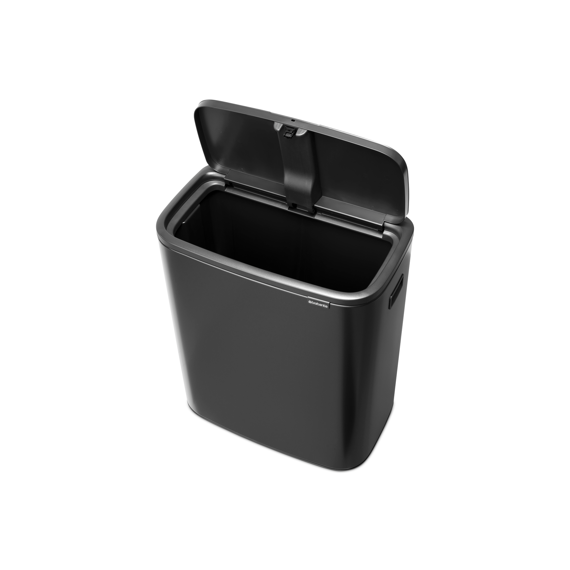 Een donkergrijze Brabantia prullenbak met het deksel open, met zicht op de binnenkant.