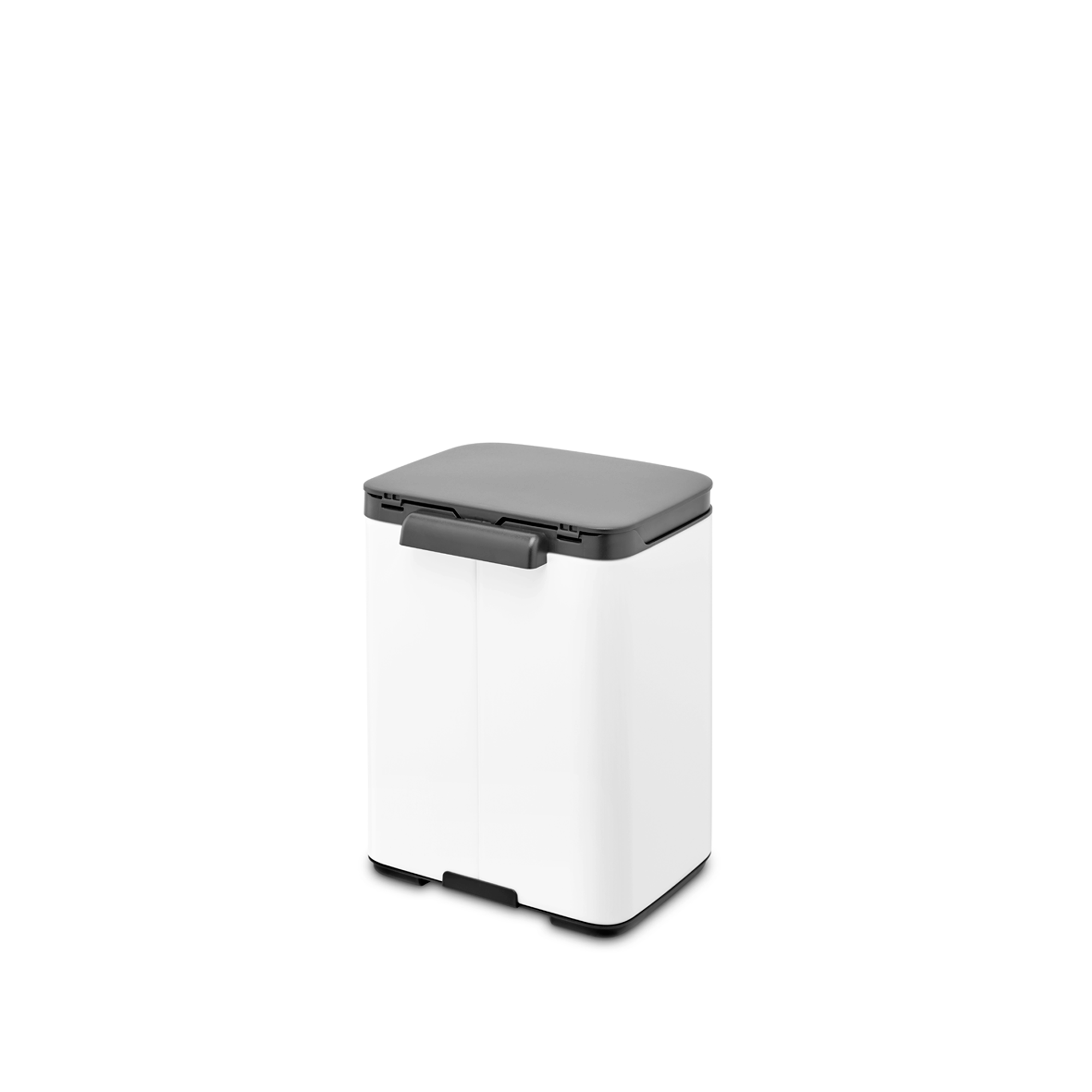 Een witte prullenbak met een grijze deksel en handvat.