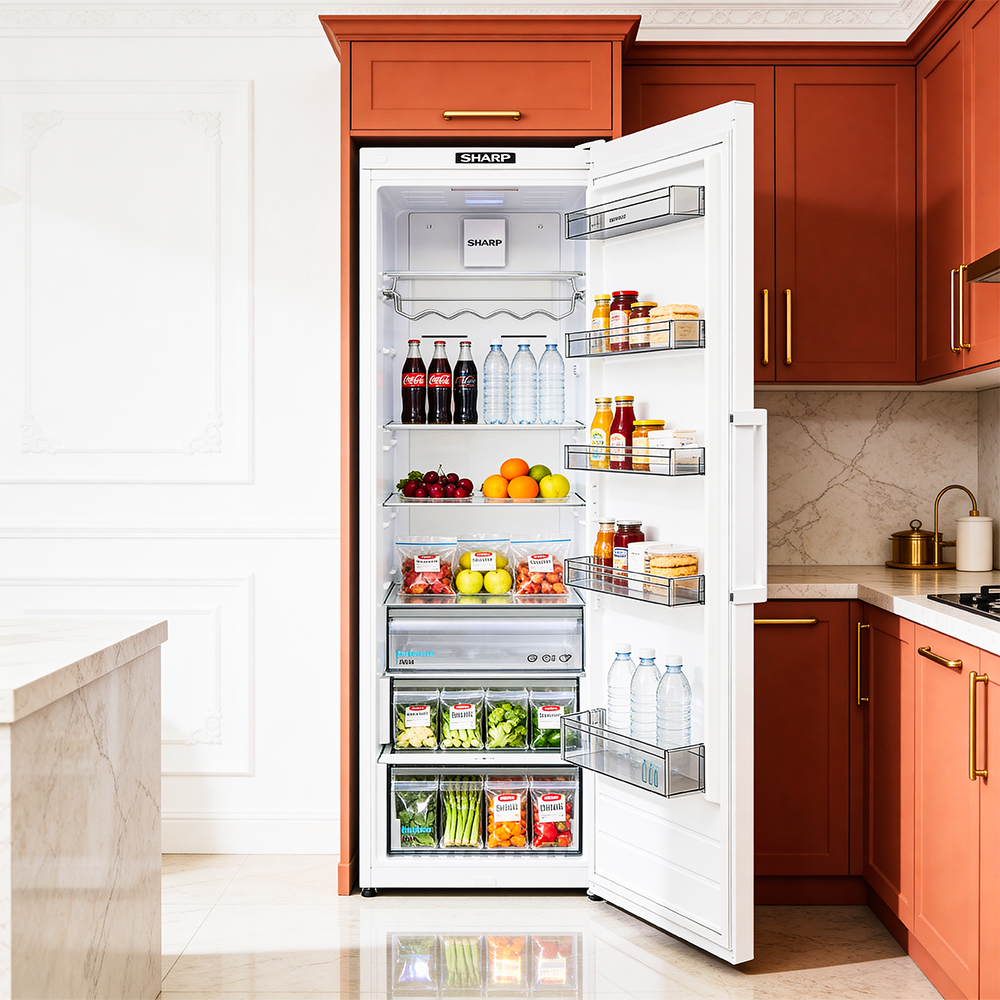 Open refrigerator with food: fruit, vegetables, drinks, jams.