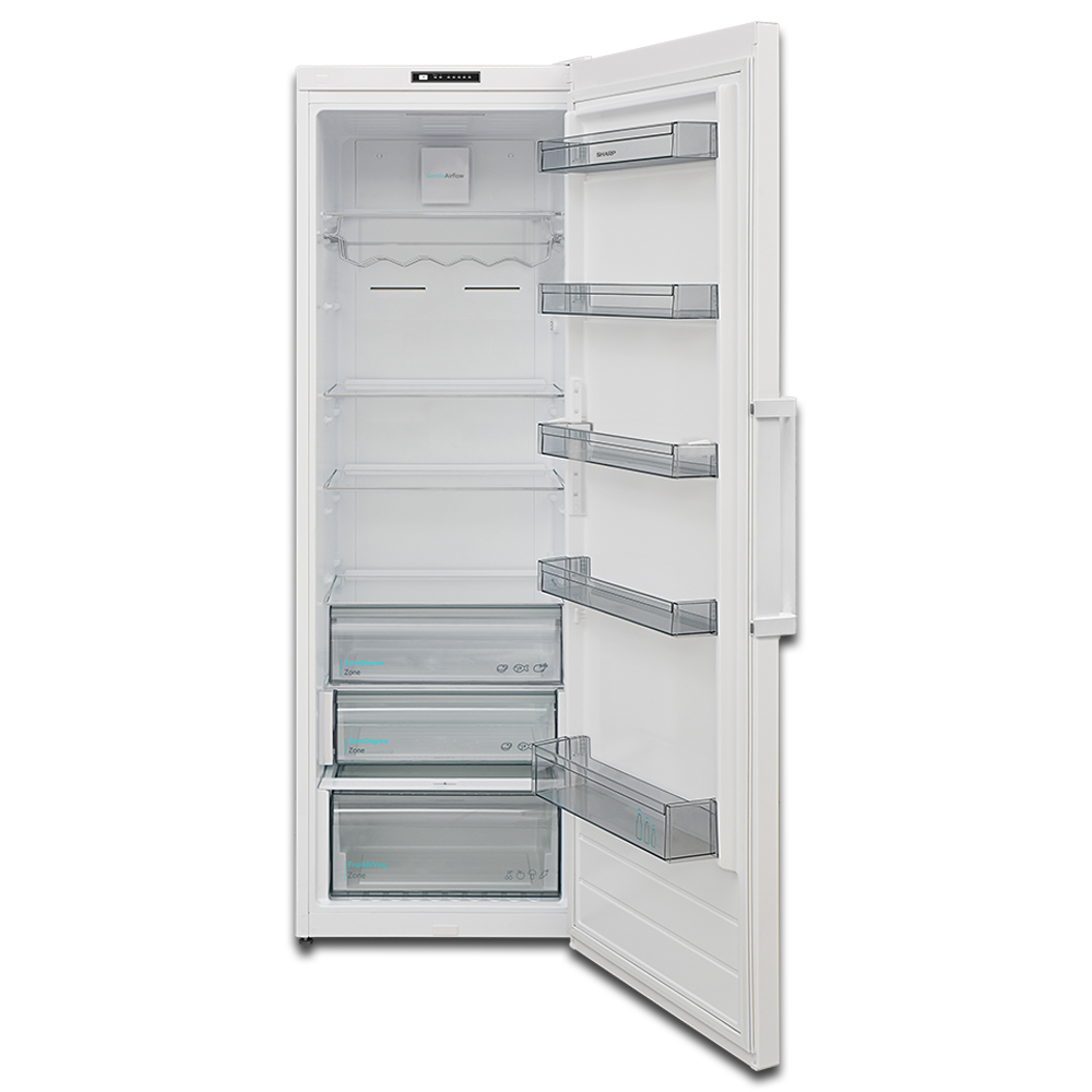 An open white refrigerator with multiple shelves and drawers. The door interior has four clear shelves.