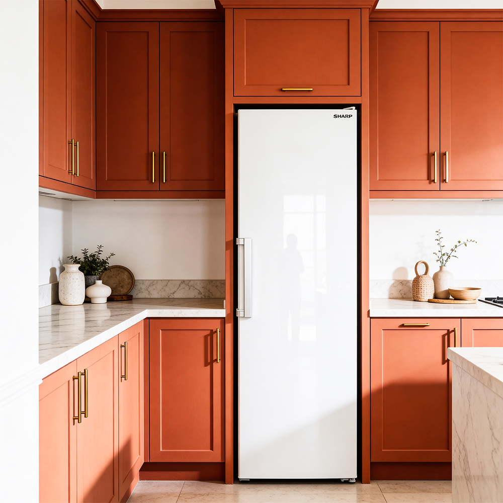 Modern kitchen with orange cabinets and a white refrigerator. Marble countertops.