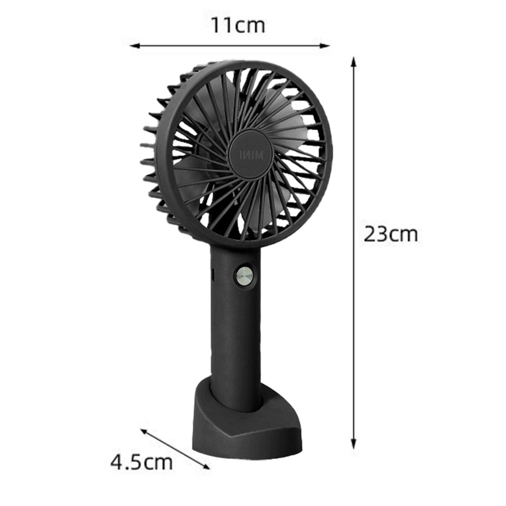 Ein schwarzer tragbarer Mini-Ventilator mit Griff und Basis. Maße sind angegeben.