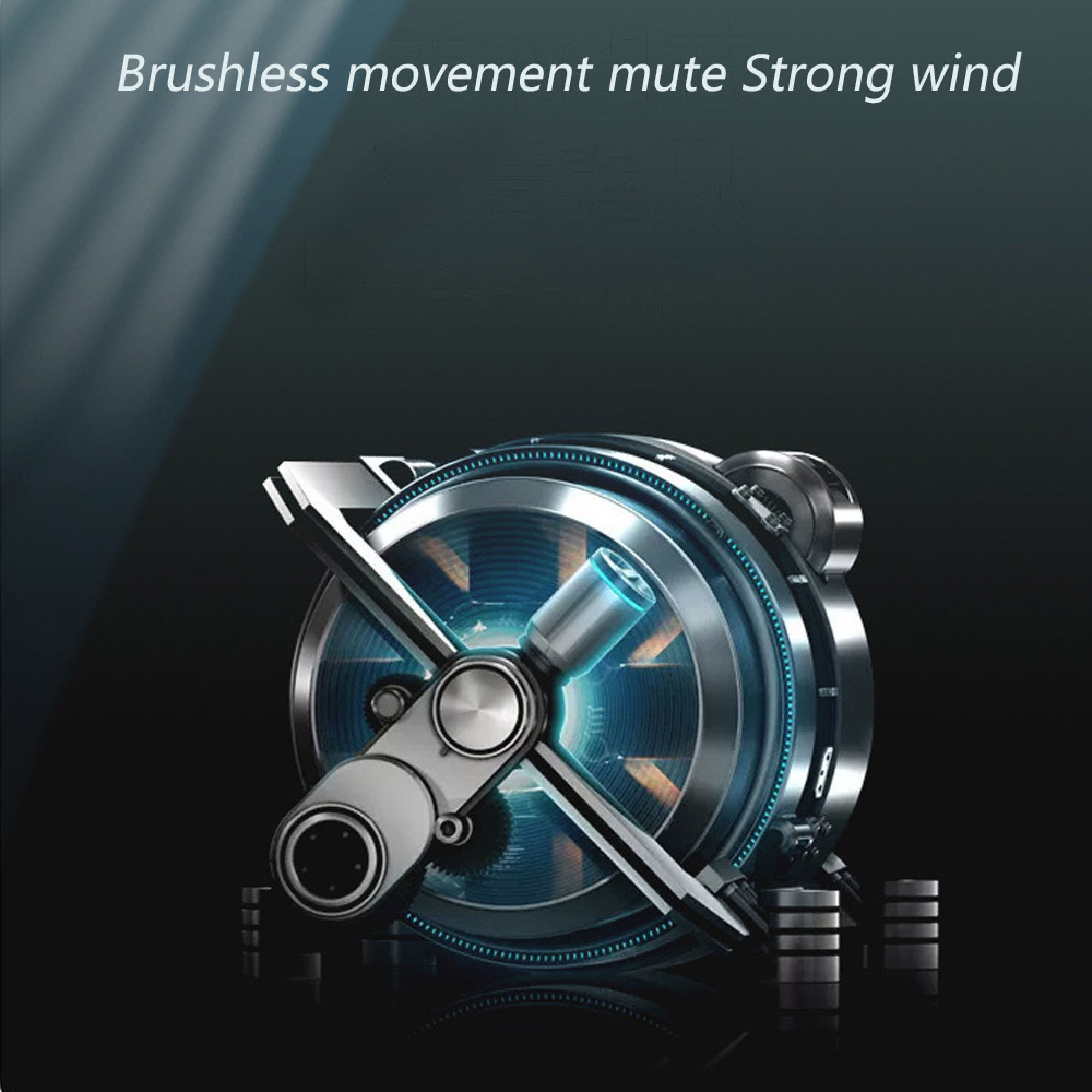 Detailaufnahme eines Lüftermotors mit blauen Lichtern und Metallteilen.