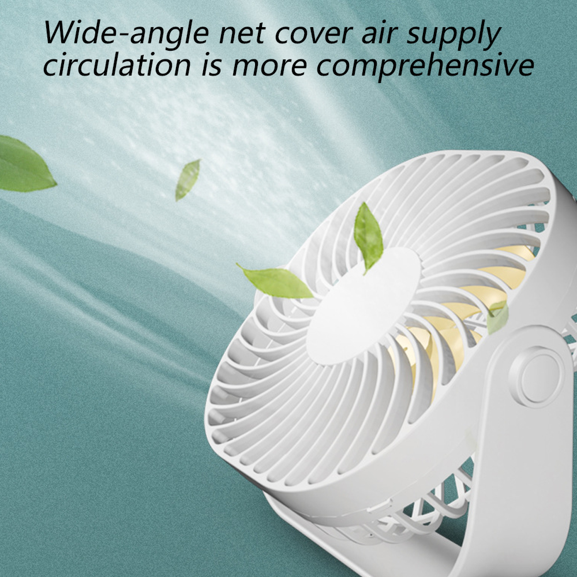 Ein weißer Ventilator mit grünen Blättern fliegt vorbei. Der Hintergrund ist türkis.