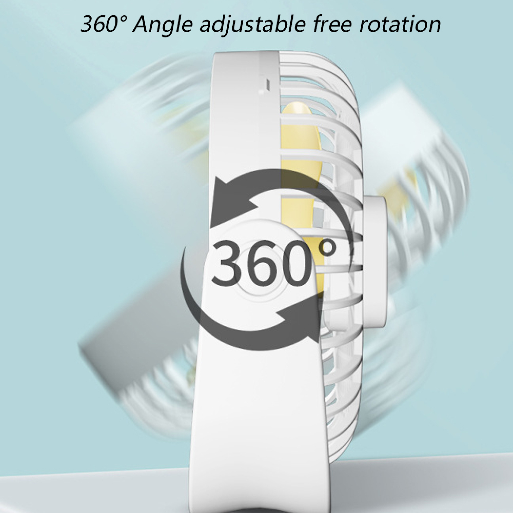 Ein weißer Ventilator mit gelben Flügeln dreht sich um 360 Grad.