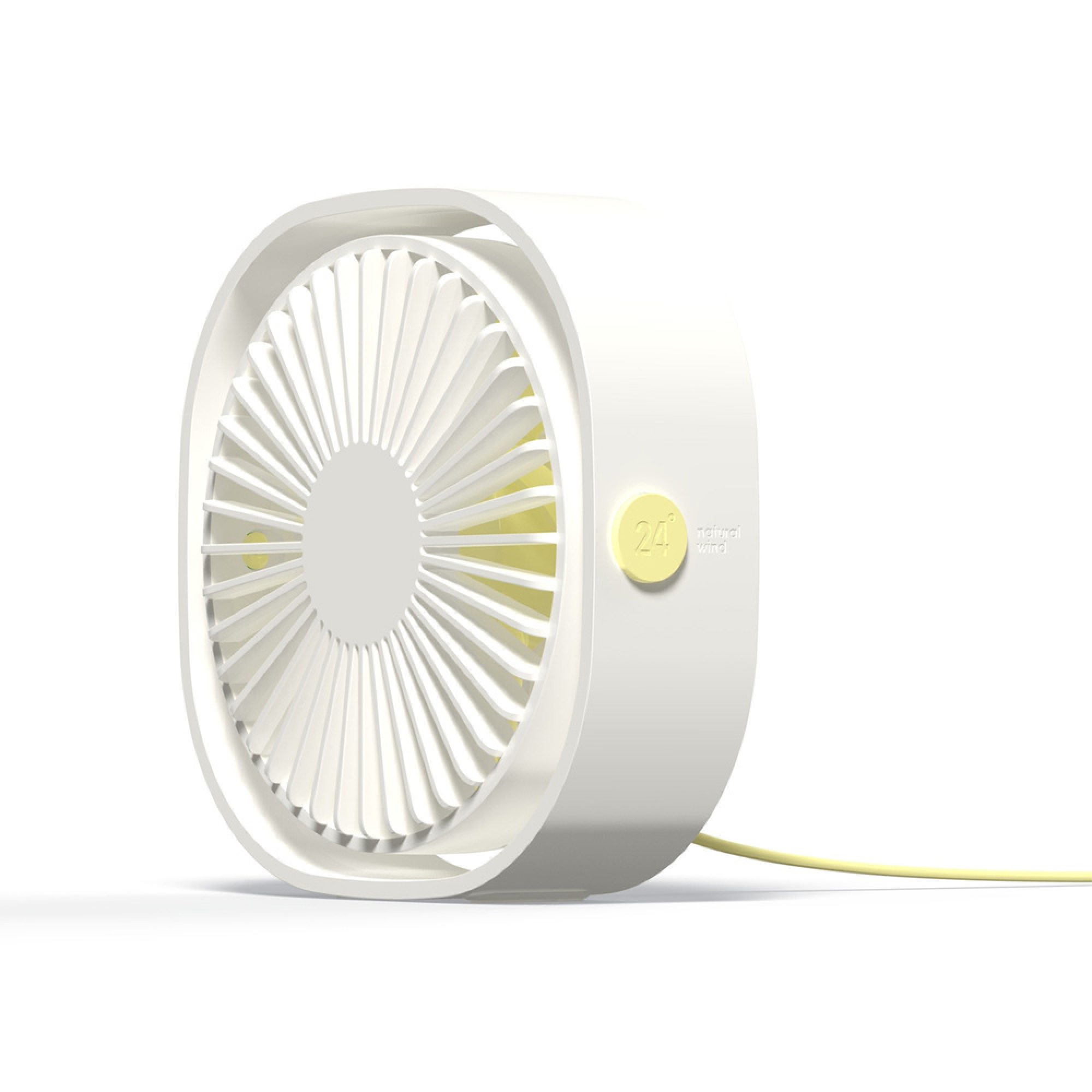 Ein weißer Ventilator mit gelben Elementen und einem gelben Kabel auf weißem Hintergrund.