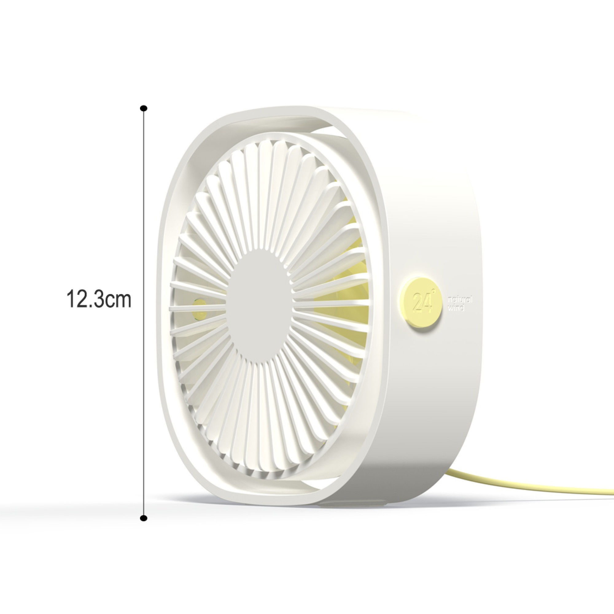 Ein weißer Tischventilator mit gelben Akzenten und einem Maß von 12,3 cm.