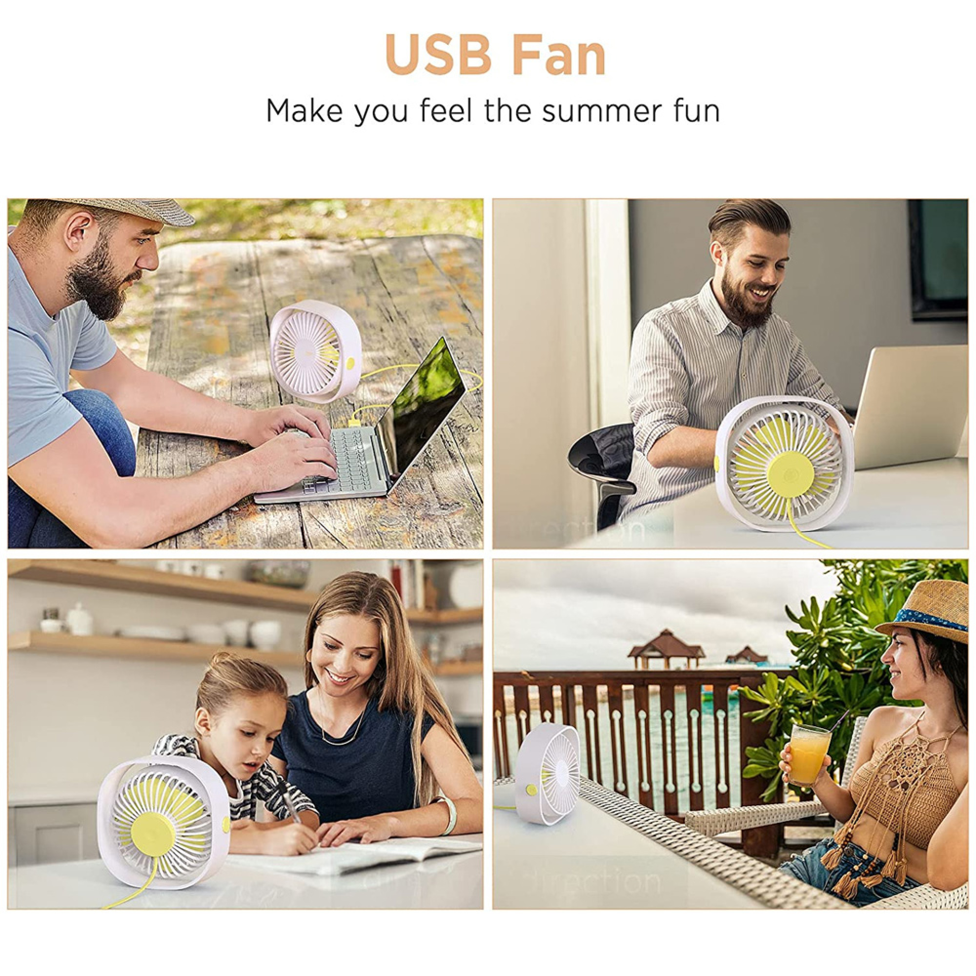 Vier Szenen zeigen USB-Ventilatoren in Gebrauch, drinnen und draußen.