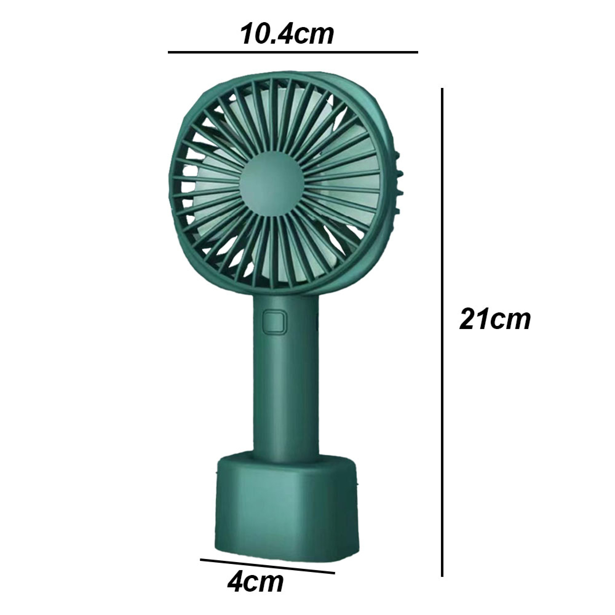 Ein kleiner, dunklergrüner Ventilator mit Griff und Sockel. Maße sind angegeben.