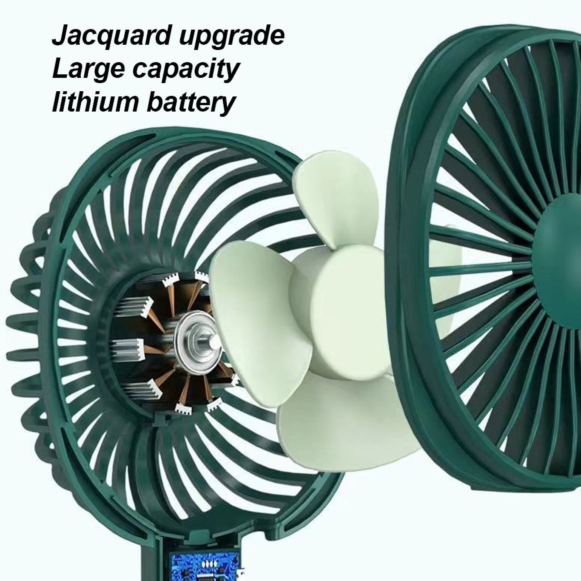 Ein grüner Ventilator mit freiliegendem Motor und hellgrünen Flügeln. Text: Jacquard-Upgrade, Lithium-Akku mit großer Kapazität.