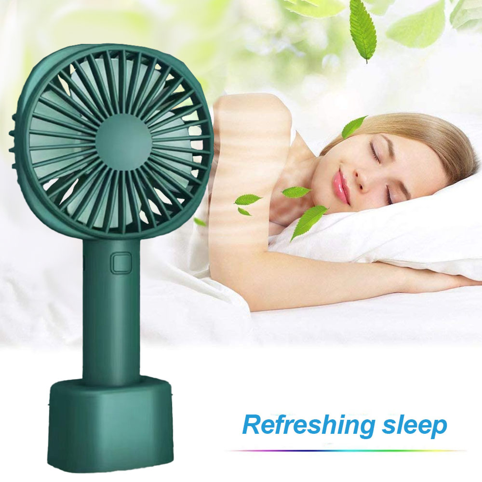 Ein grüner Ventilator steht neben einer schlafenden Frau. Grüne Blätter schweben.