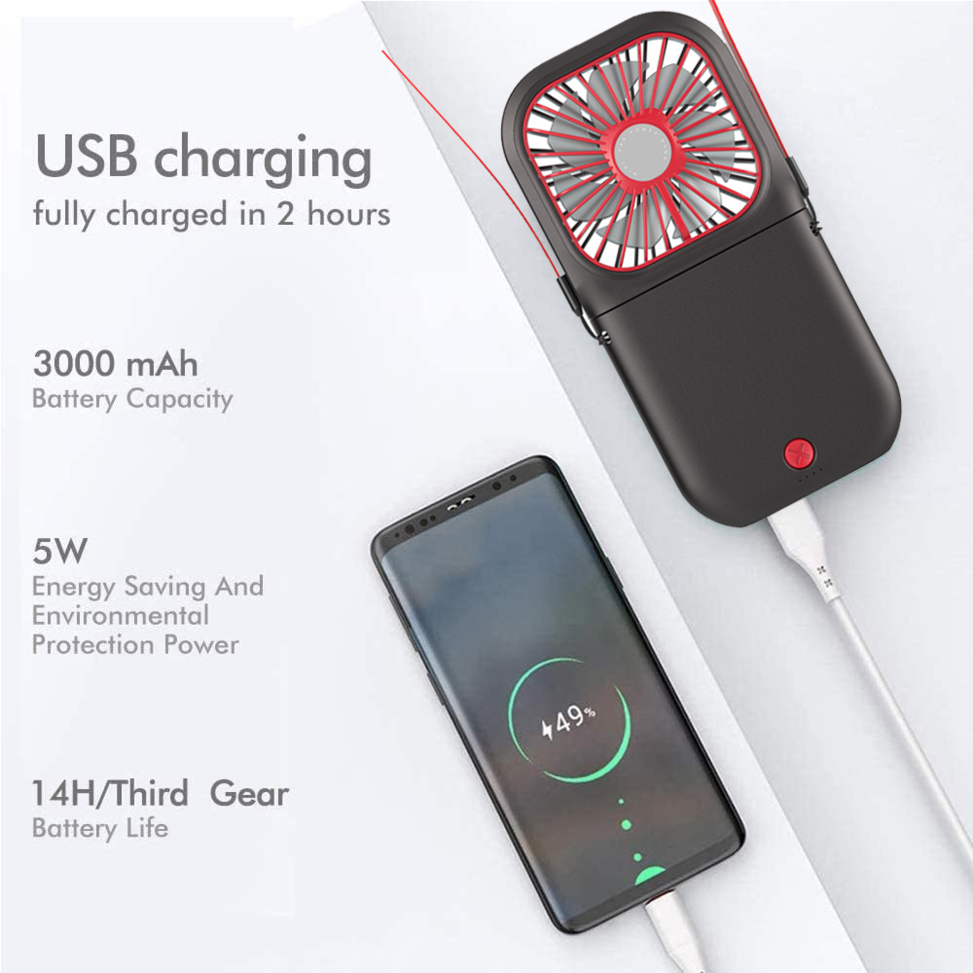 Schwarzer Lüfter mit rotem Gitter lädt Handy. Details: 3000 mAh, 5W, 14H.