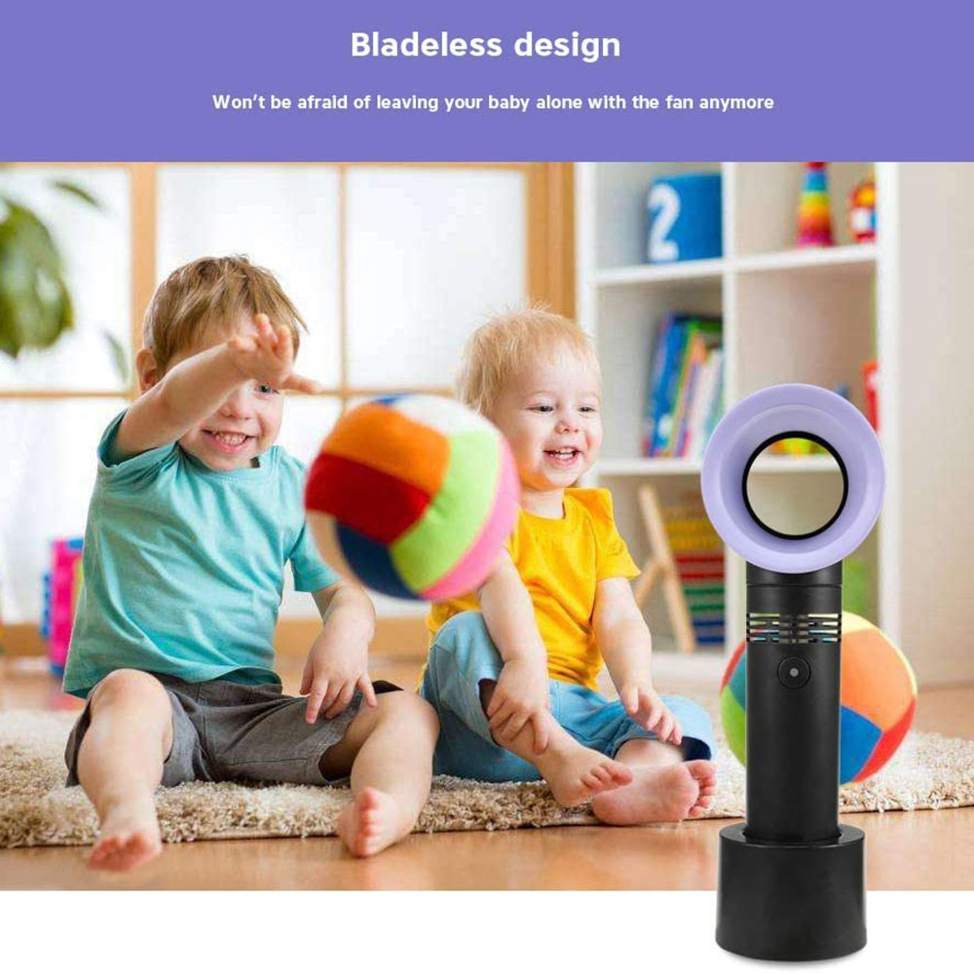 Zwei Kinder spielen mit einem Ball neben einem bladlosen Ventilator.