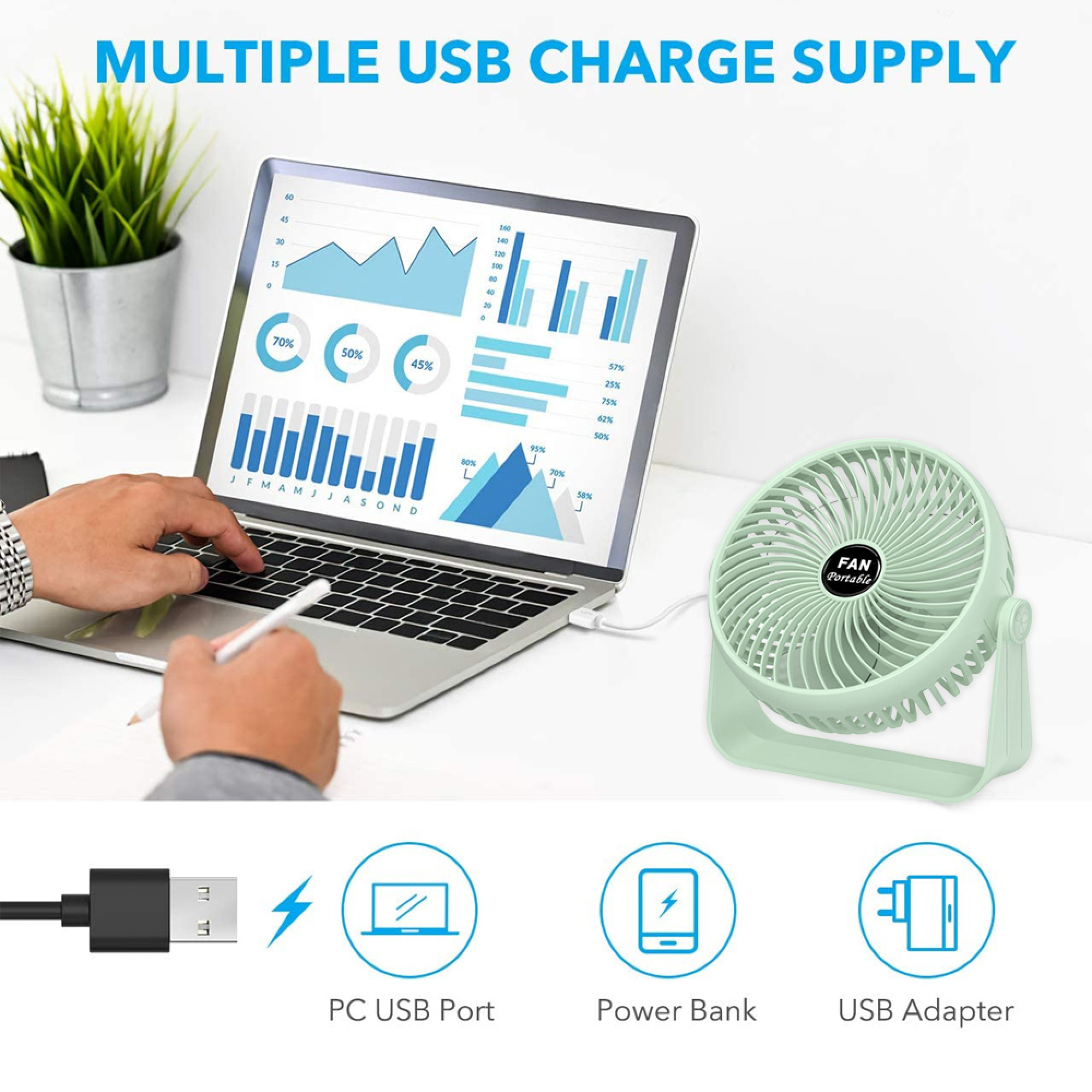 Ein Laptop zeigt Diagramme, daneben ein grüner USB-Ventilator und Ladeoptionen.