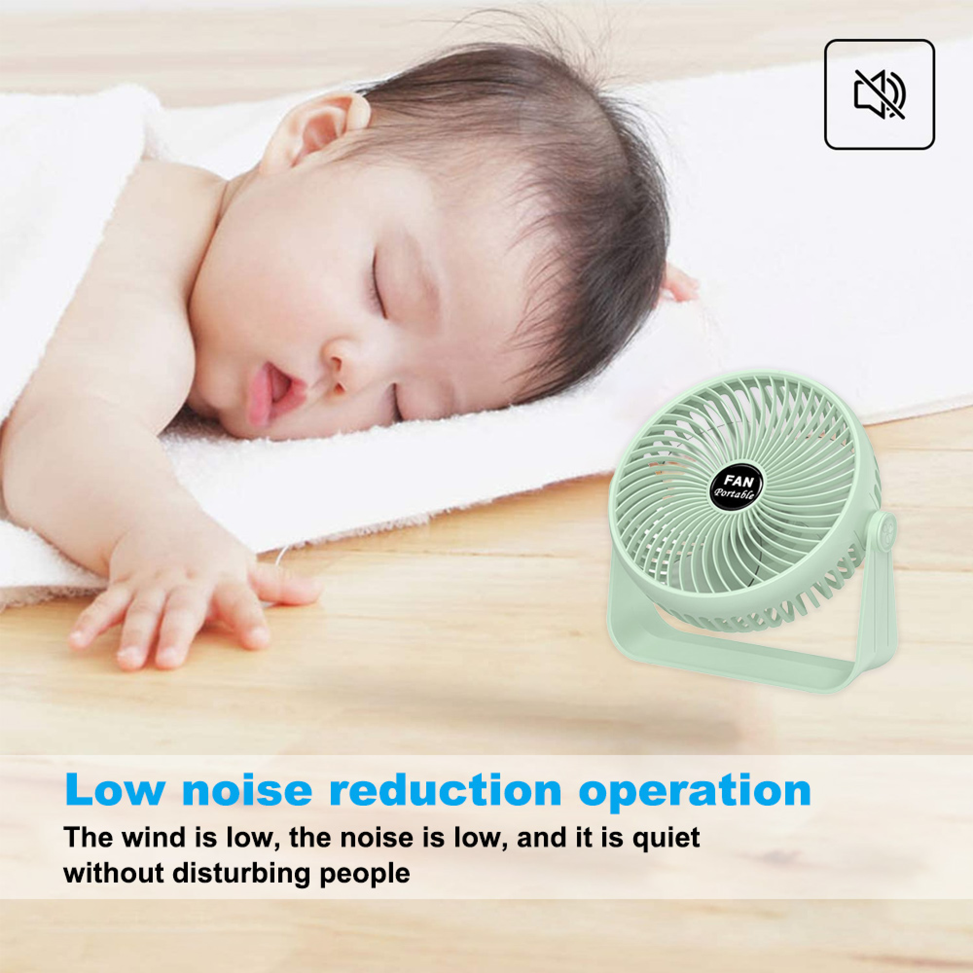 Ein Baby schläft neben einem leichten Ventilator. Stummschaltungssymbol.