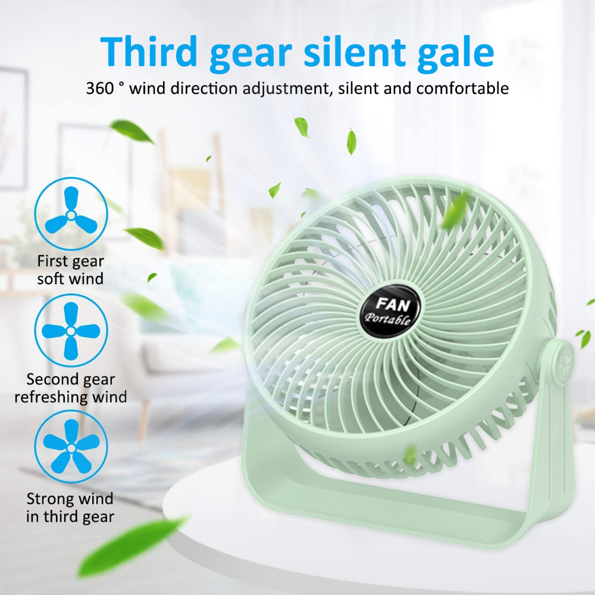 Ein hellgrüner tragbarer Ventilator mit drei Windgeschwindigkeitsstufen, die durch Symbole angezeigt werden.