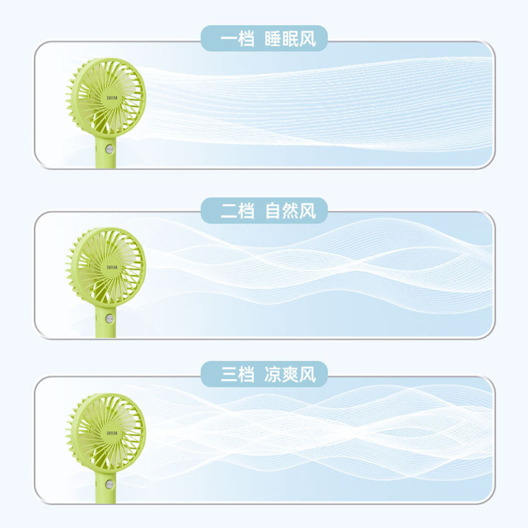 Ein grüner Ventilator mit drei Windmodi: Schlaf-, Natur- und kühler Wind.