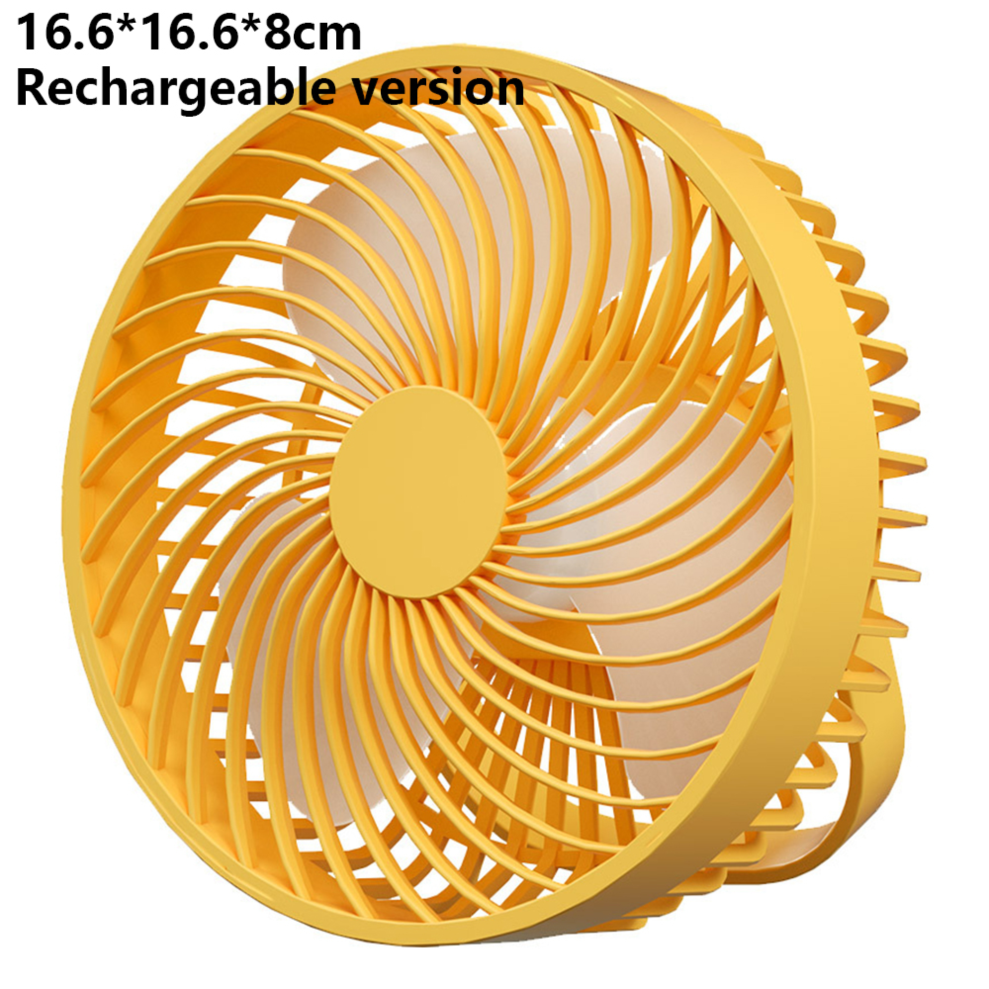 Ein gelber, wiederaufladbarer Mini-Ventilator mit weißem Rotor.