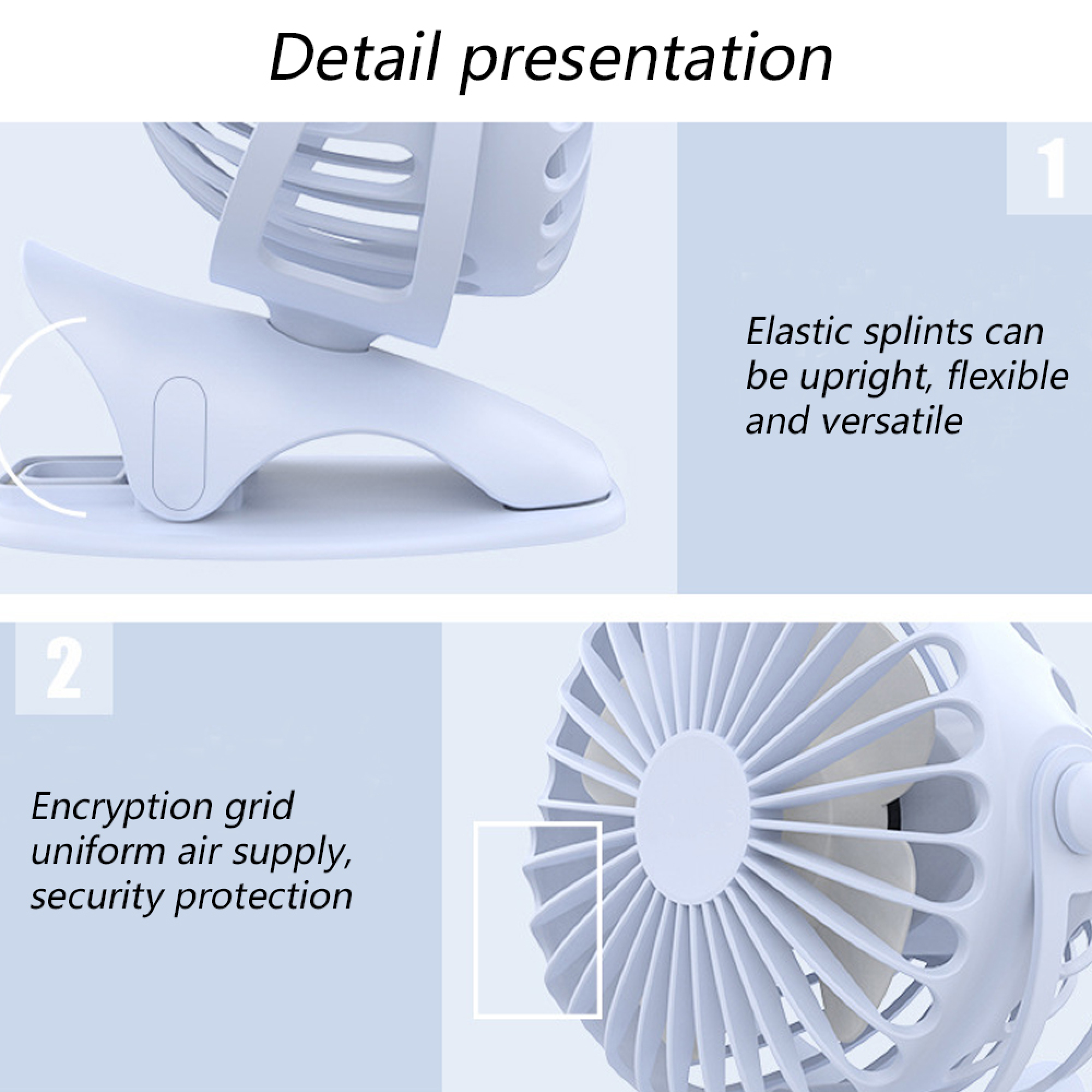 Nahaufnahme eines weißen Ventilators mit flexiblen Schienen und Gitter.