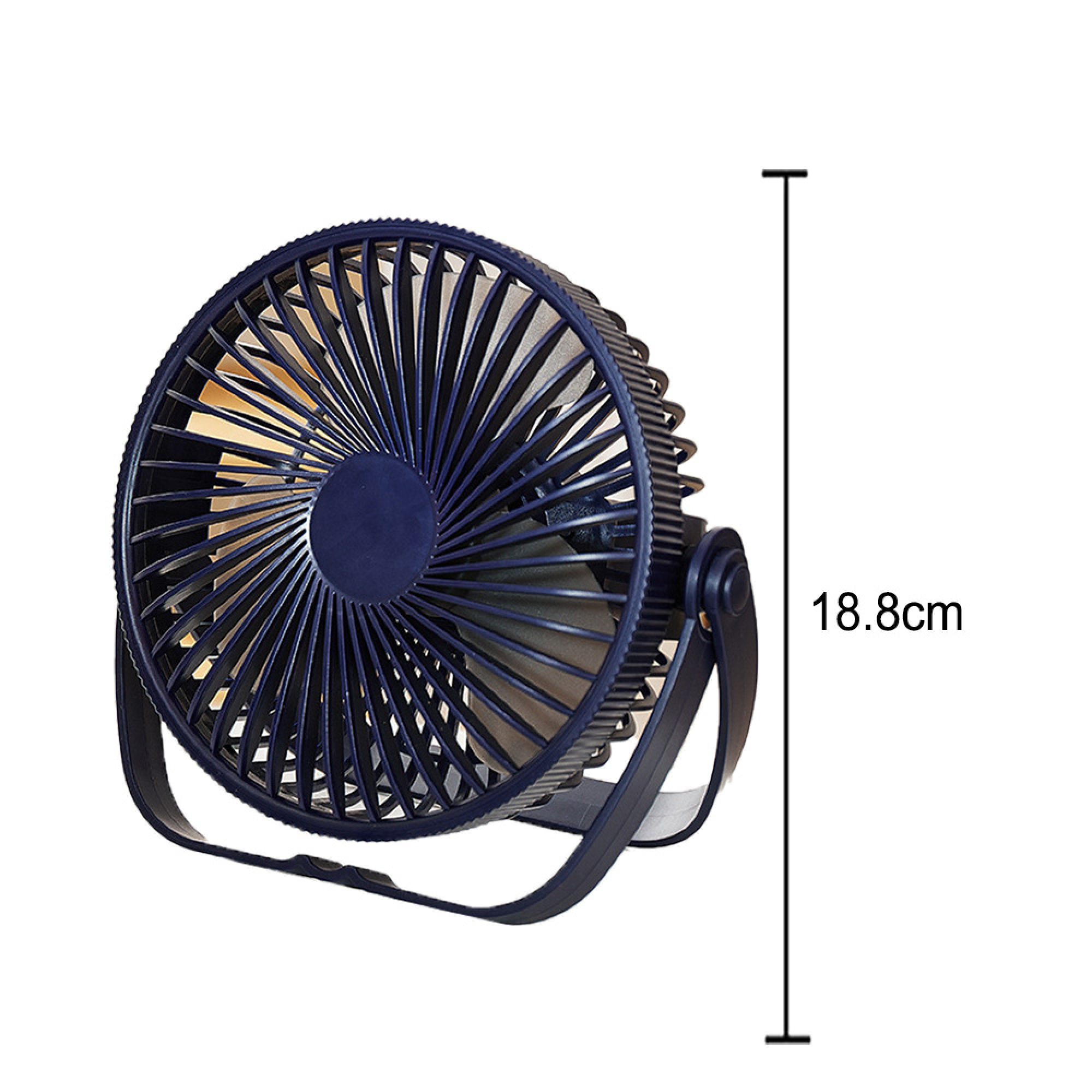 Dunkelblauer Tischventilator mit Metallgitter und 18,8 cm Höhe.