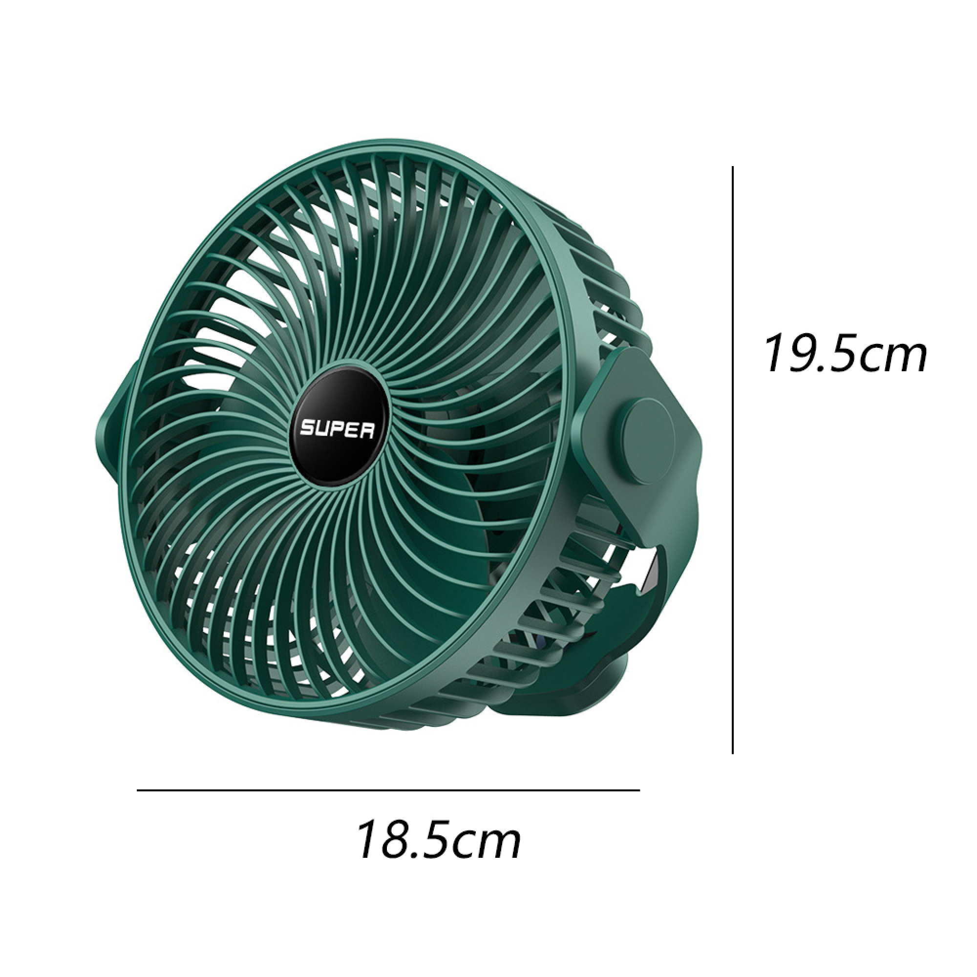 Ein kleiner, dunkelgrüner Ventilator mit dem Logo "SUPER" und Maßangaben.