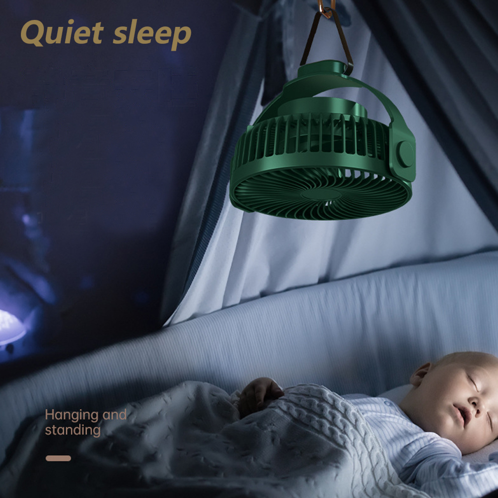 Ein Baby schläft unter einer Decke. Ein grüner Ventilator hängt darüber.