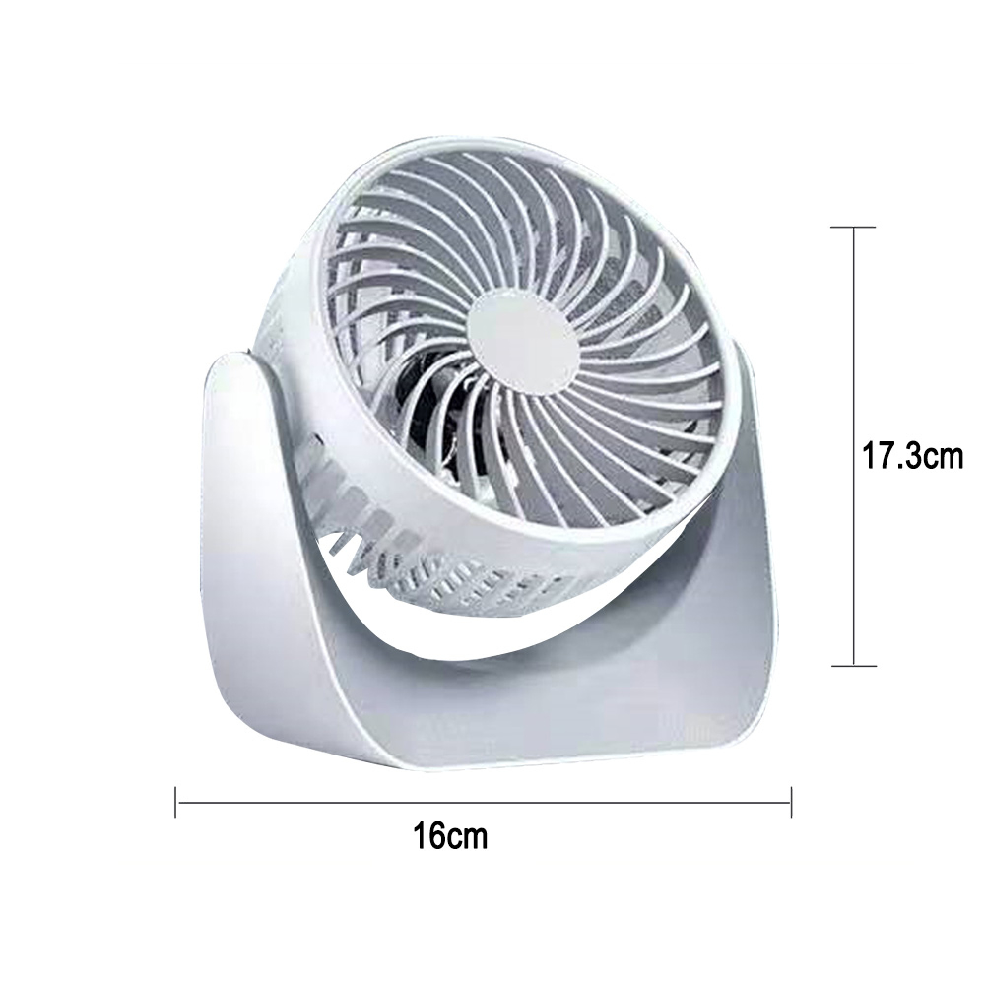 Ein weißer Tischventilator mit einem Neigekopf und einer Basis. Maße sind 16cm breit und 17.3cm hoch.